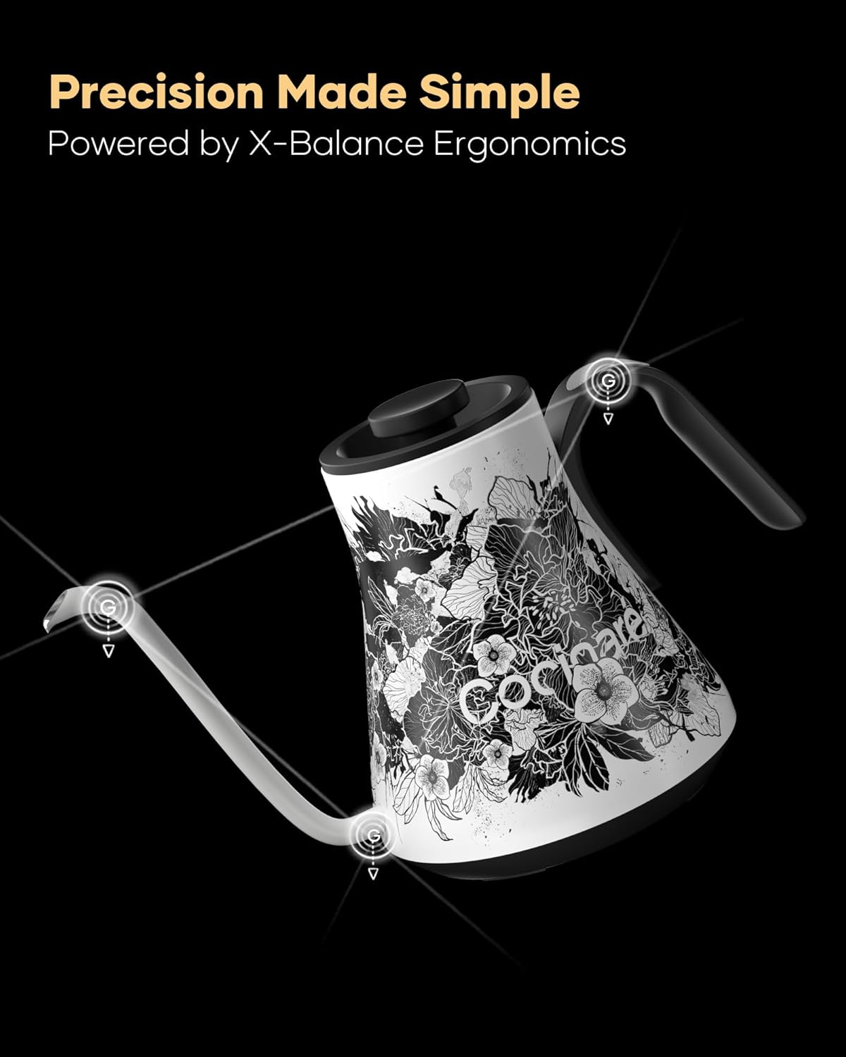 Cocinare Artisan Collection Blossom Gooseneck Electric Kettle, ±1℉ Precise Temperature Control for Pour-Over Coffee & Tea, Quick Heating 1500W, Stainless Steel Interior, 0.9L - Image 7