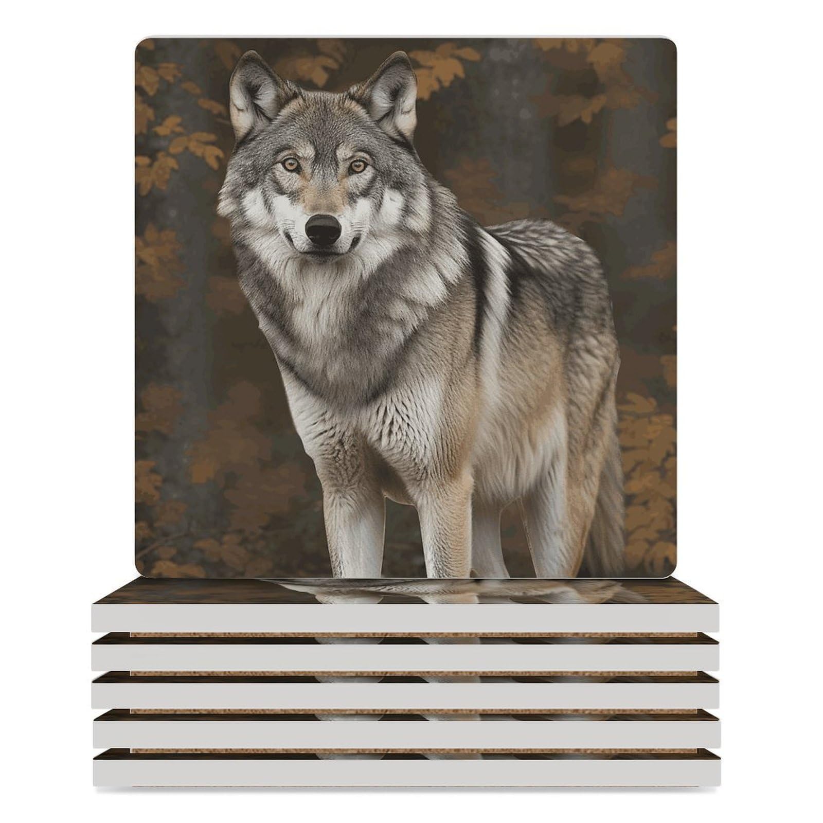 Dessous de verre loup en céramique imprimée, élégance grise pour bureau et salon