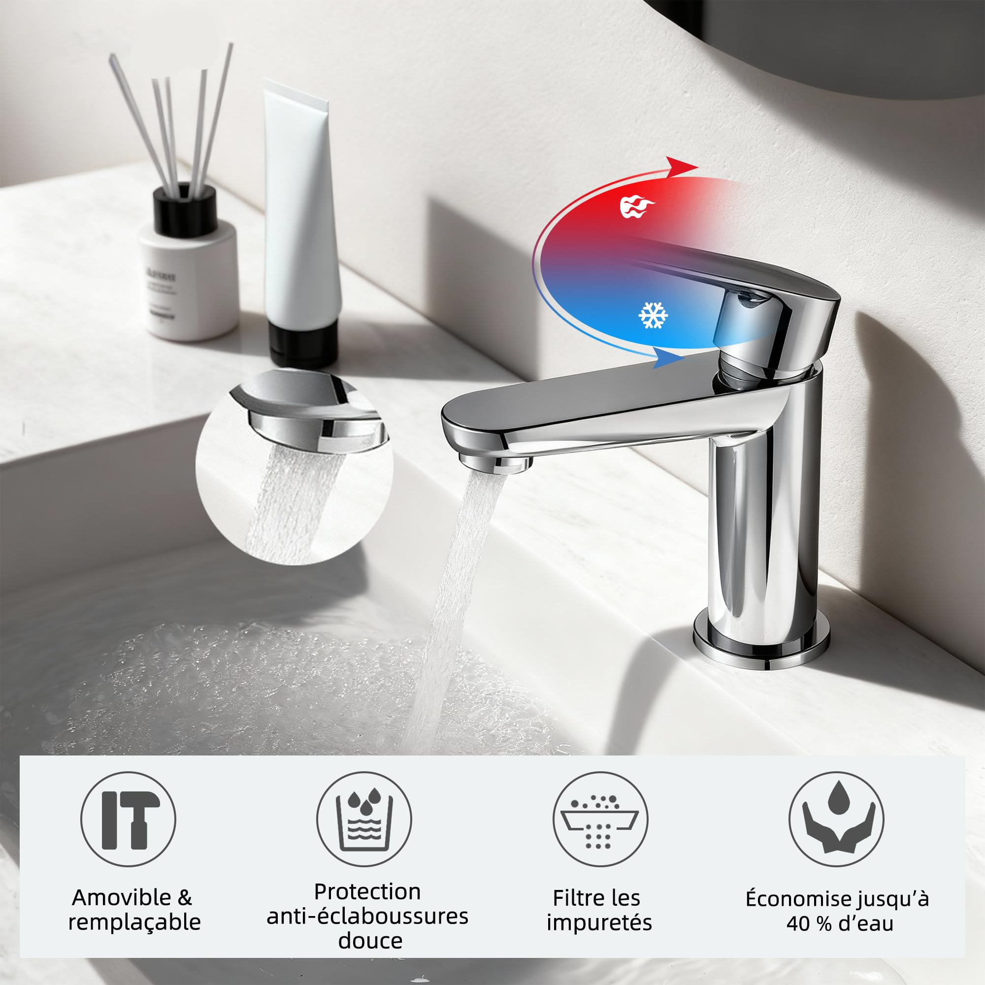 BELZ Robinet de Salle de Bain, Mitigeur de Lavabo Moderne - Laiton, Économiseur D'Eau et Durable, Chromé