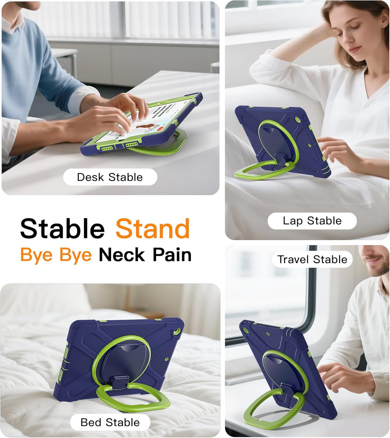 BATYUE for iPad 9th/ 8th/ 7th Generation Case (iPad 10.2 inch Rugged Case 2021/2020/2019) with Screen Protector, Rotating Stand/Pencil Holder/Carrying Shoulder Strap (Navy Blue+Lime)