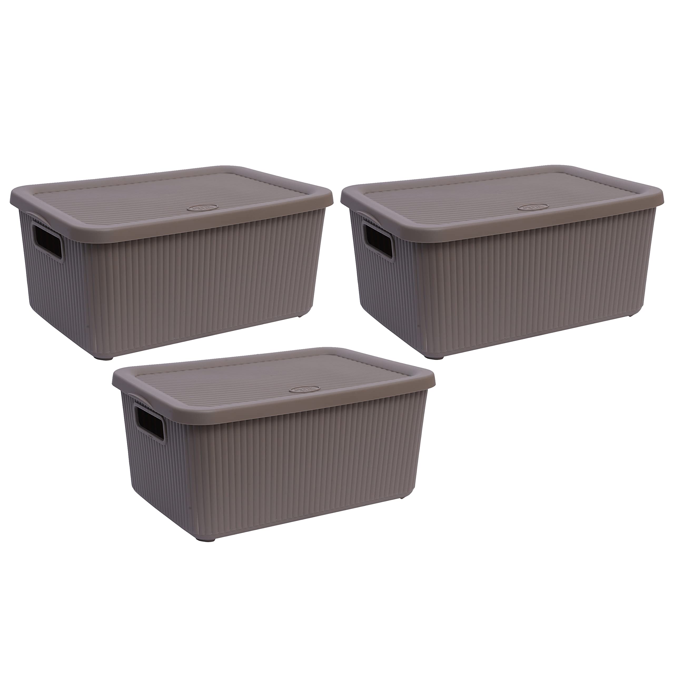 Set of 3- 14L Litre Large Plastic Knitted Storage Basket with Lid, Storage Box Stackable Organiser Lidded Bin Box Large Rib Box for Nursery, Kids, Closet, and Many More (Mirror Grey)