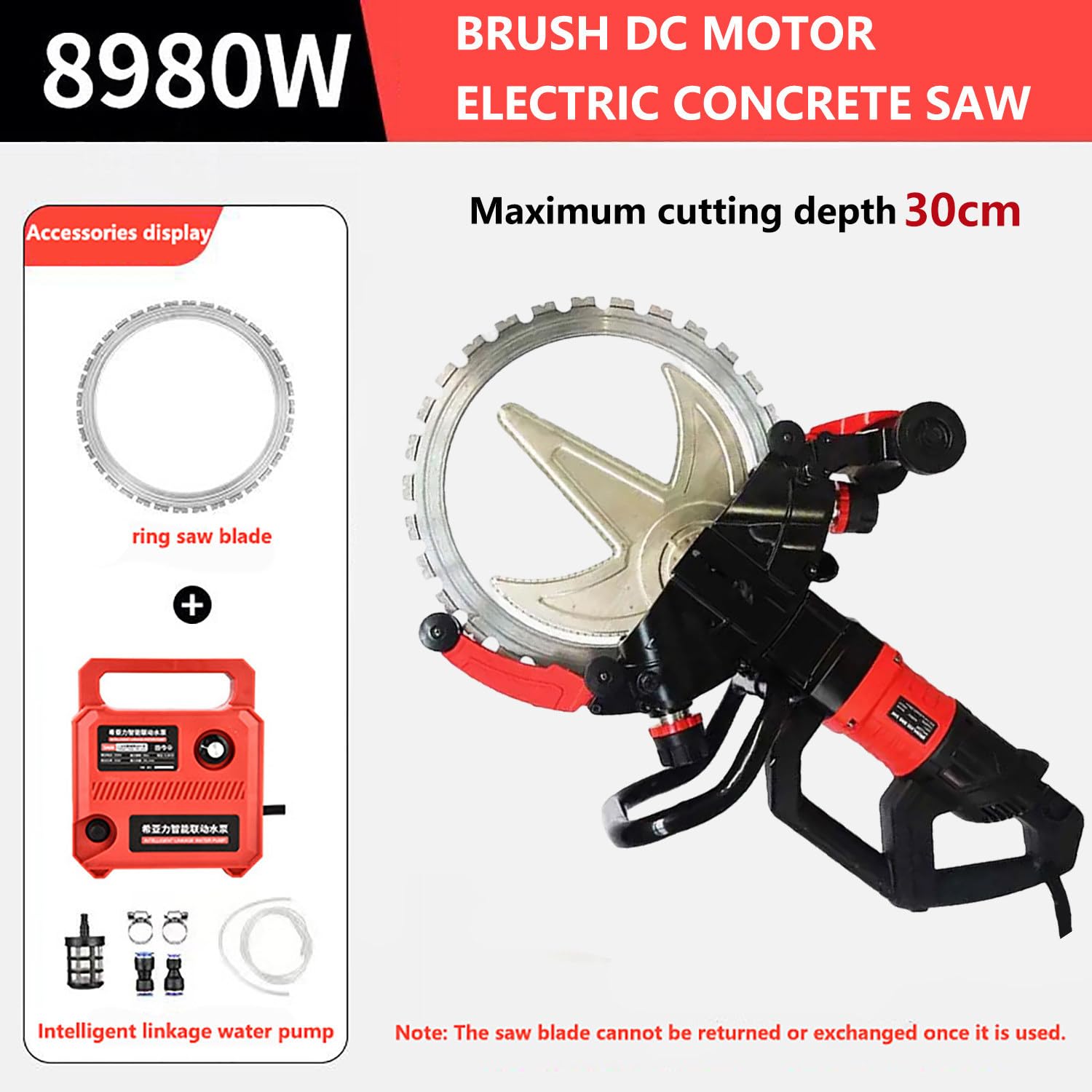 Sierra Eléctrica para Hormigón de 8980 W para hormigón húmedo/seco, Motor de Cobre Puro, Corte Profundo de 30 cm, con supresión de Polvo con alimentación de Agua.,1blade