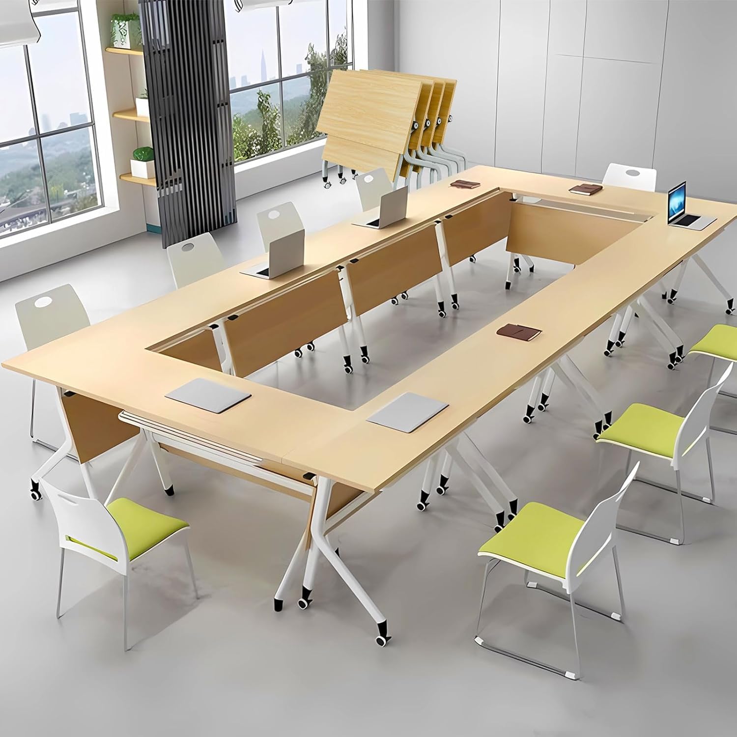 Tavolo da conferenza Pieghevole con Ruote silenziose, Design salvaspazio, Struttura in Metallo, Piano Ribaltabile Portatile per la Stanza
