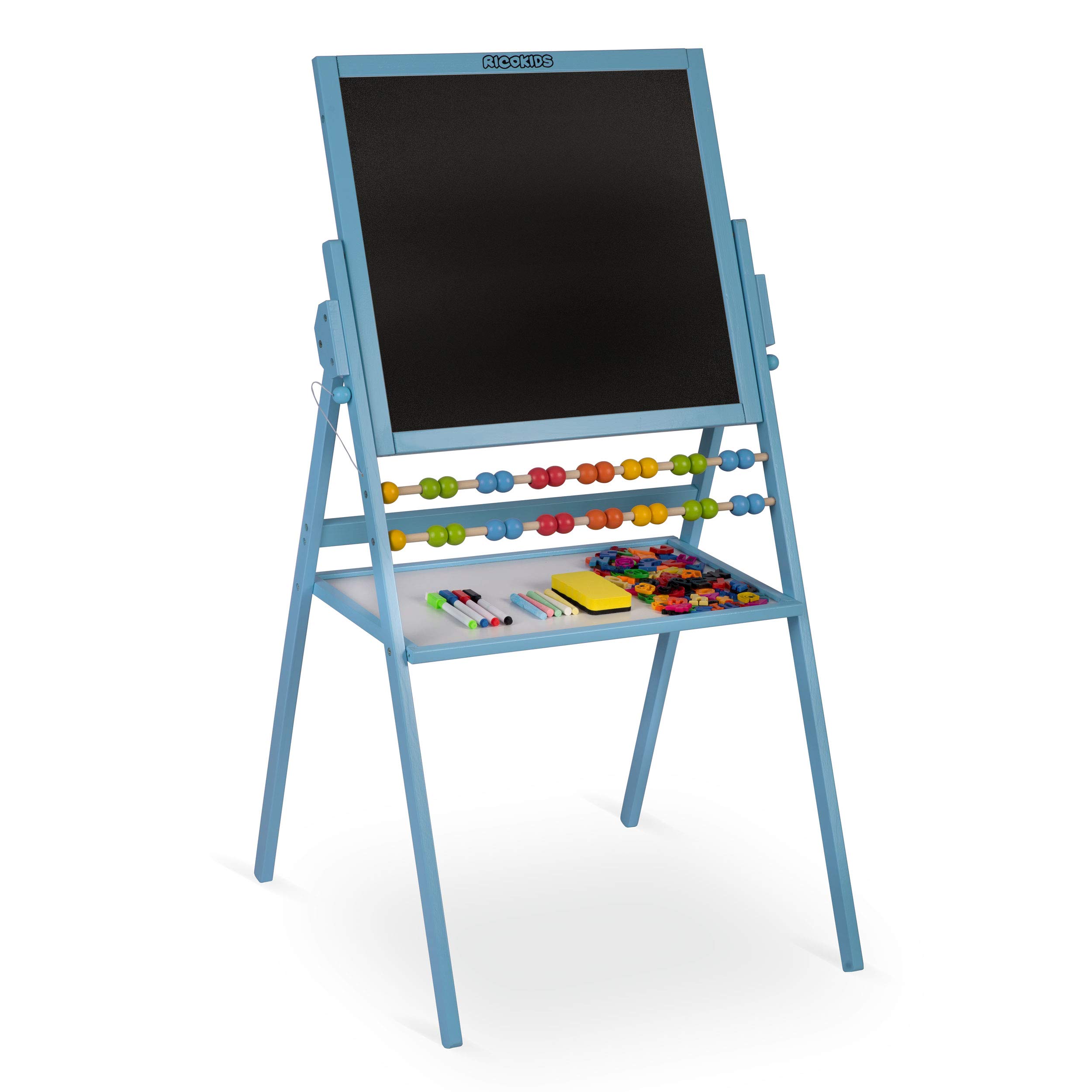 Tableau de jeu pour enfants - Tableau blanc magnétique et tableau à craie - Chevalet en bois Ricokids (bleu)