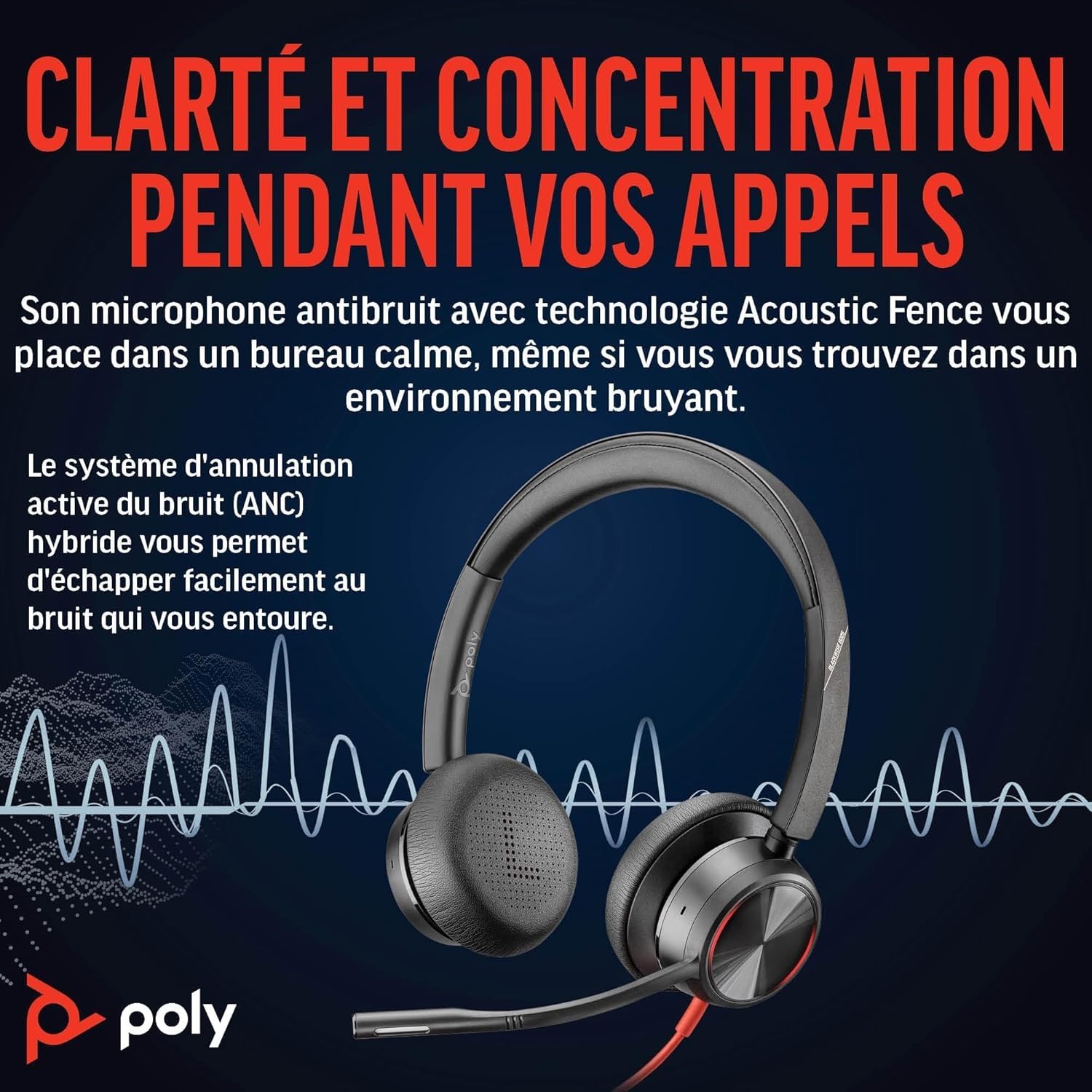 Micro-casque filaire haut de gamme Poly Blackwire 8225 – Annulation active du bruit – Son binaural hi-fi - Connexion à un PC/Mac - Certifié Microsoft Teams