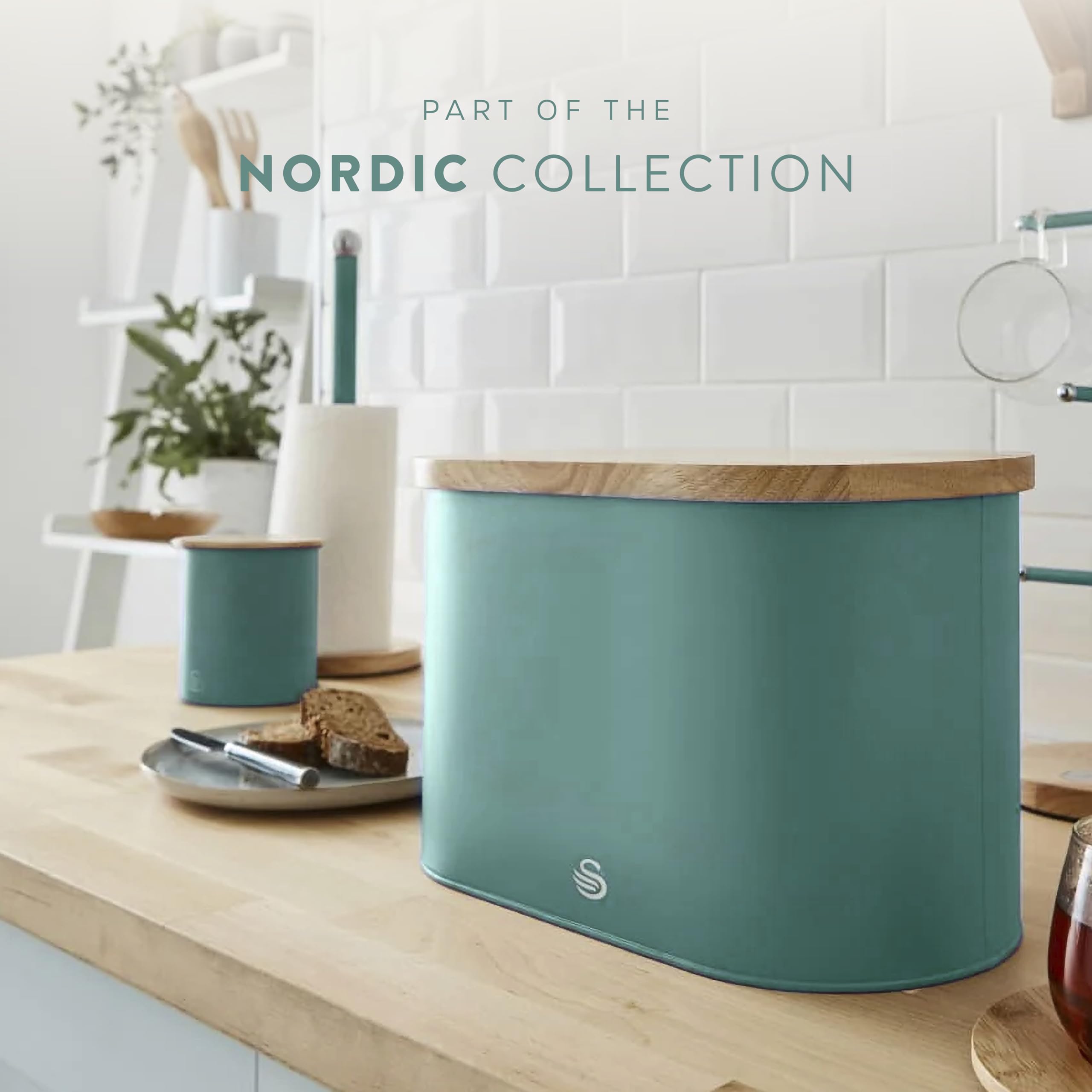 Swan Nordic Brotkasten, Deckel aus Bambusschneidebrett, Bread Bin aus Kohlenstoffstah für die Aufbewahrung von Brot und Wiener Backwaren, Modernes Design, Grün Küche, Haushalt & Wohnen