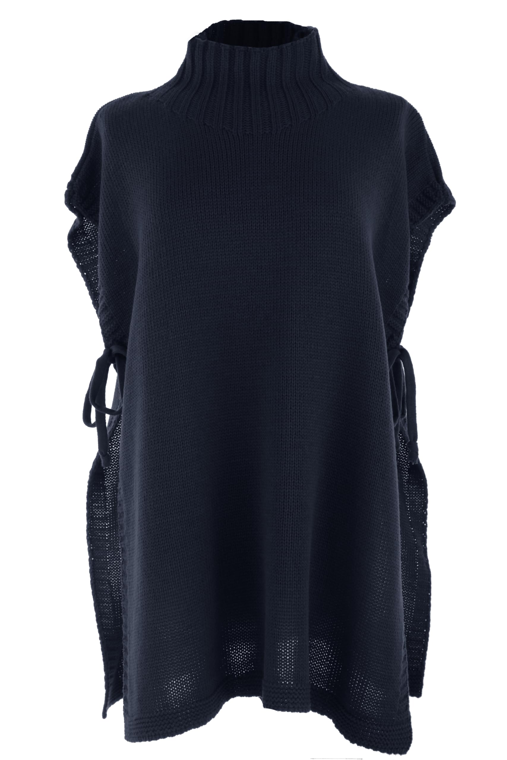 Texture Women's Navy Lagenlook Plain Turtle Neck Side Tie Knit Poncho Tabard Cape One Size (Uk, Alpha, One Size, Regular, Regular, )