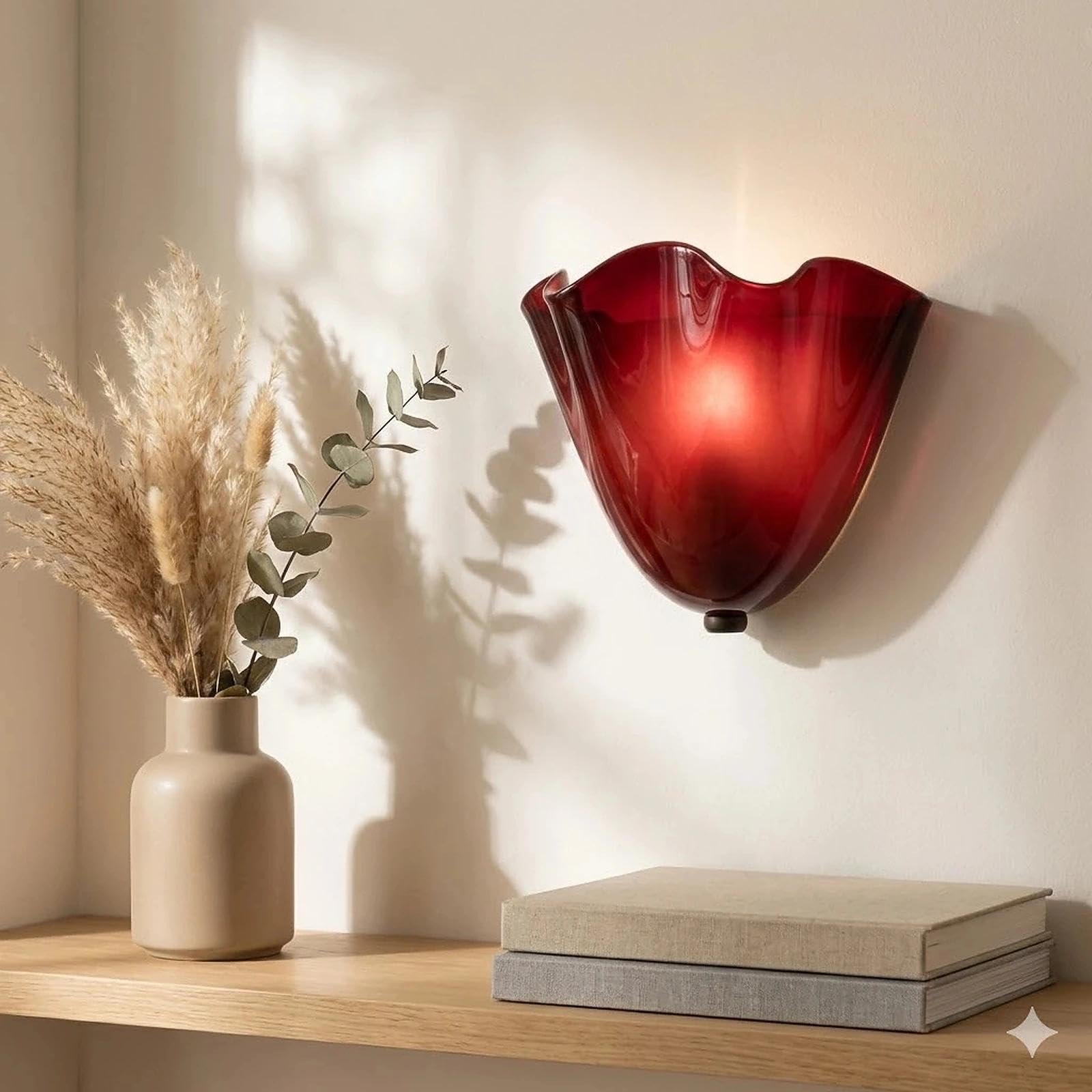 Mid Century Wall Sconce, Amber Glass Scallop Light Fixture – Vintage Art Deco Lamp for Bathroom Vanity, Bedroom – Warm Coastal Ambience, Hardwired Antique Brass E12(Dark red)