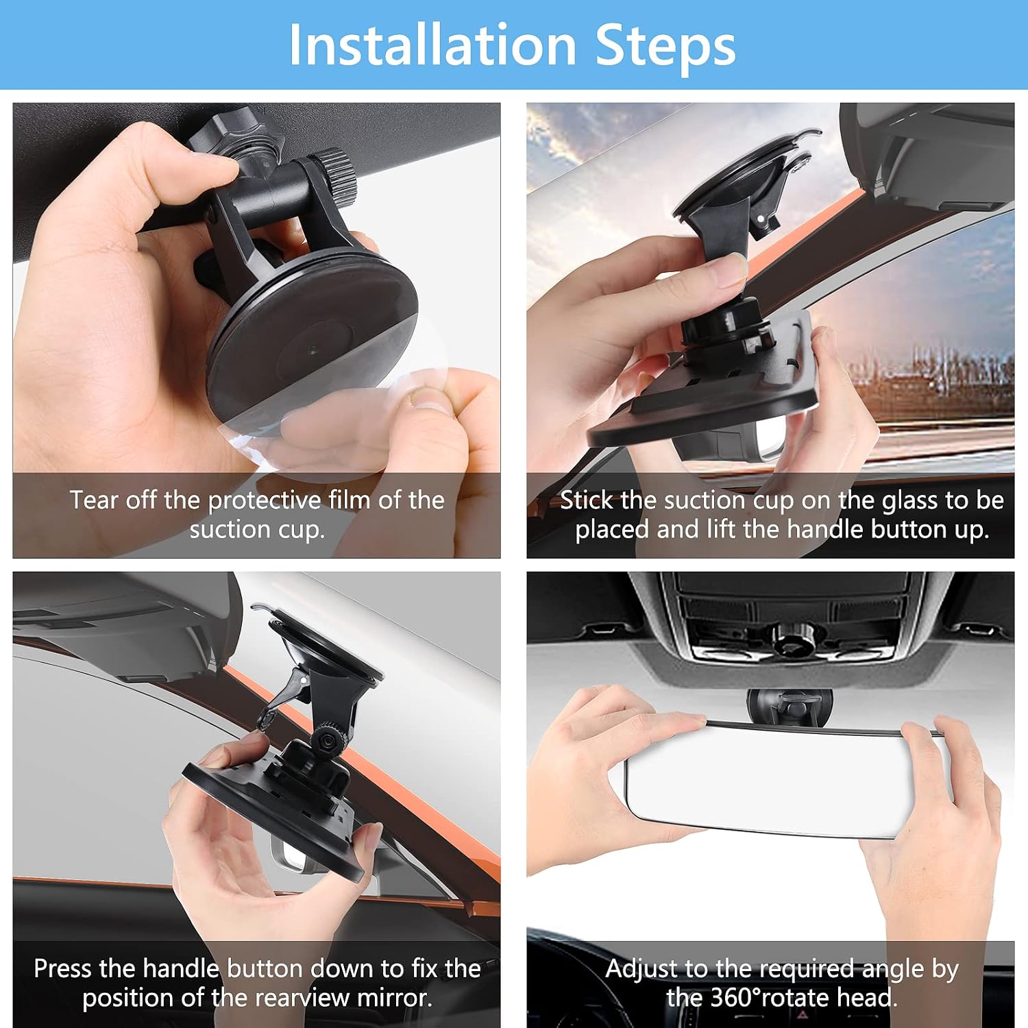 12" Large Convex Rear View Mirror, Suction Cup Anti-Glare Rearview Mirror White with Panoramic Wide Angle Mounted on Windshield for RV Marine Auto Boat Truck SUV Van