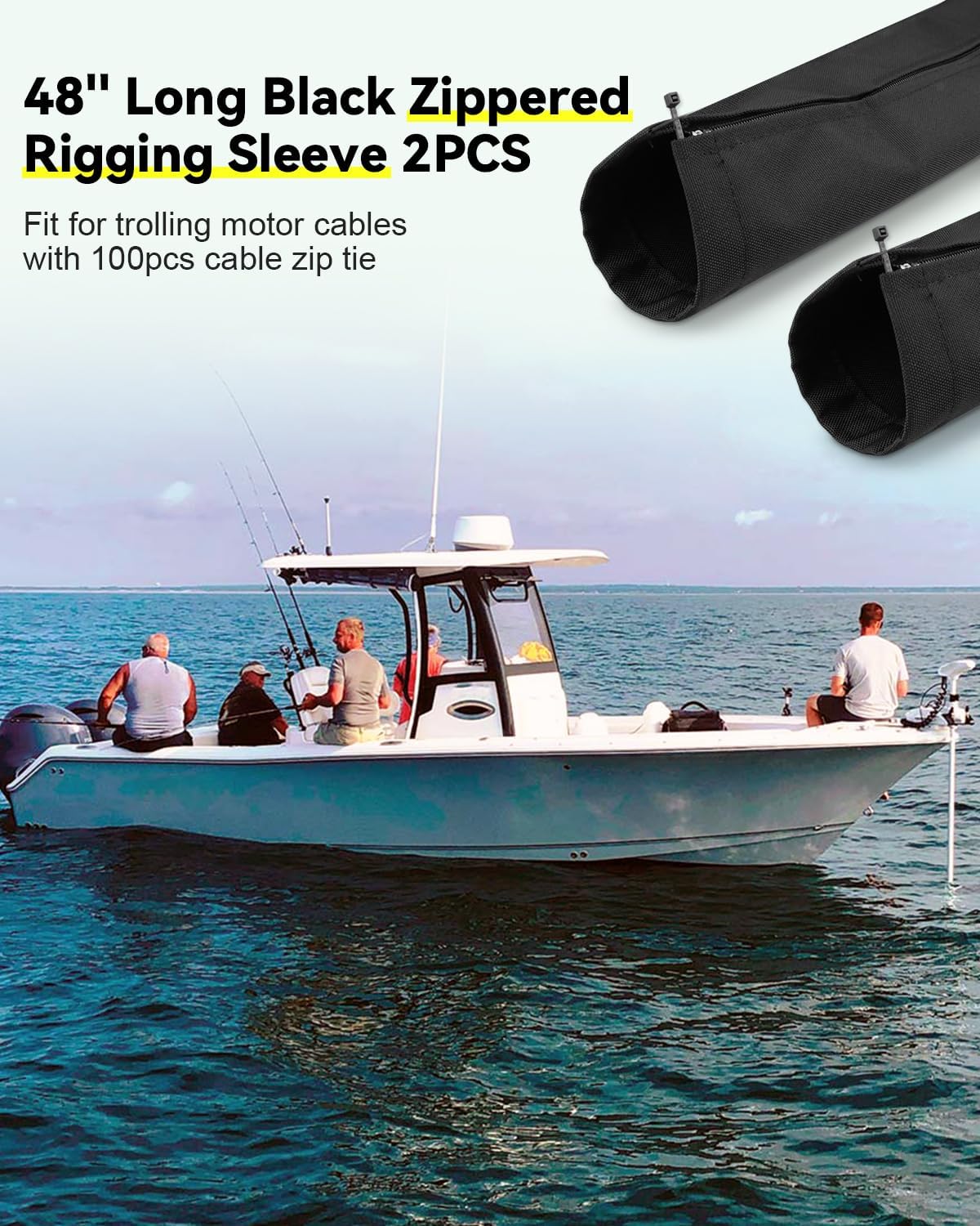 48-Inch Long Black Zippered Rigging Sleeve, ZRS-1-DP Casing, Trolling Motor Cable Organizer Sleeve 2PCS