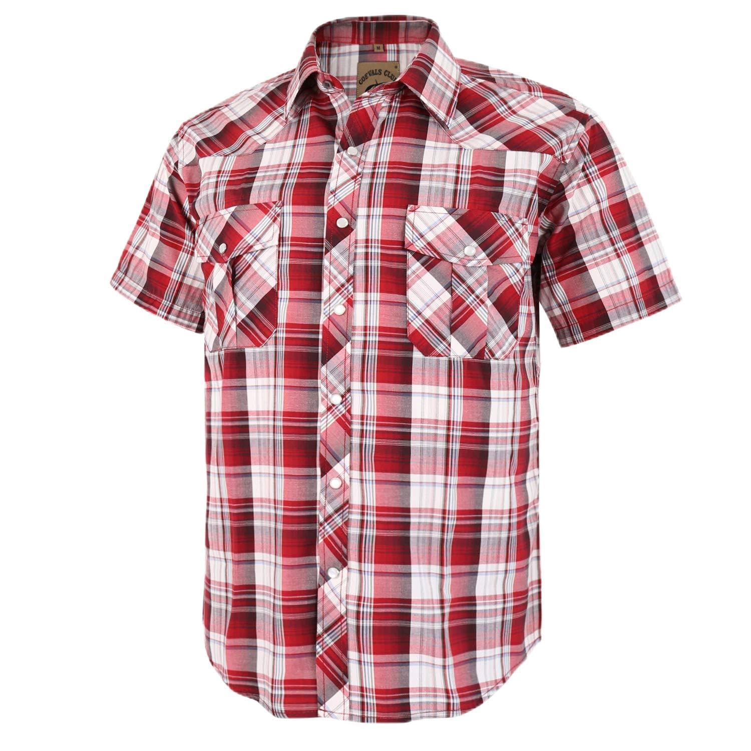 Dctop Herren Western-Kurzarmhemd, Kariertes Cowboyhemd mit Perldruckknöpfen und Brusttaschen, Button-Down-Kragen, pflegeleicht & faltenfrei, Regular Fit Sommer Freizeithemd