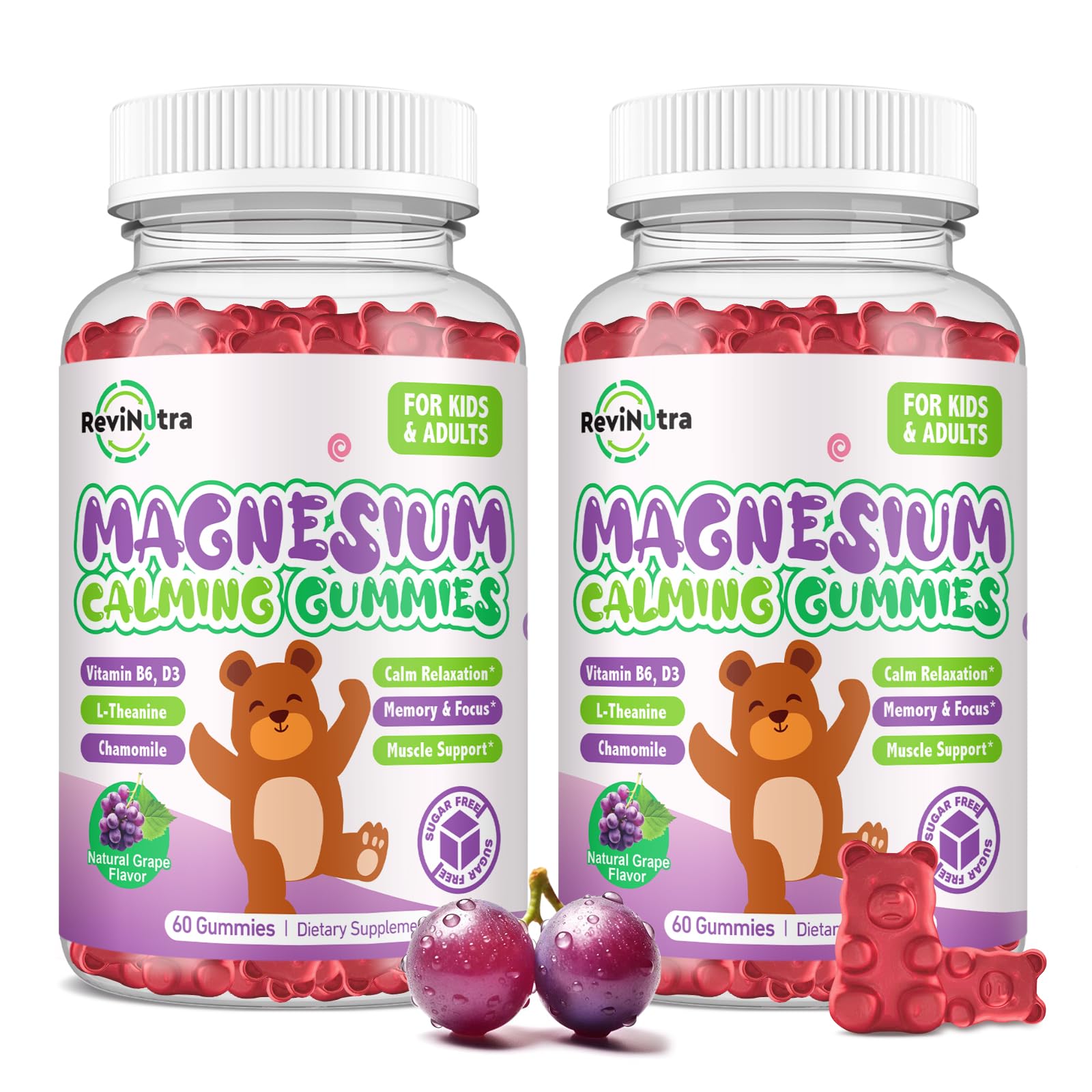 Magnesium Gummies for Kids - Magnesium Glycinate Gummies Supplement with L-Theanine, Vitamin B6, D3 for Kids & Adults for Sleep, Relaxation, Bones,Sugar Free Grape 120ct Grape 60 Count (Pack of 2)