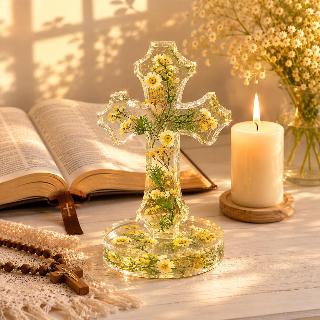 2Pcs Cross Silicone Mold with Base Crucifix Mold for Epoxy Resin Casting Standing Fancy Religious Baptism Gypsum Freshie Mould Christian Gift Candle Molds Halloween Home Desk Decor (7 inch & 5 inch)