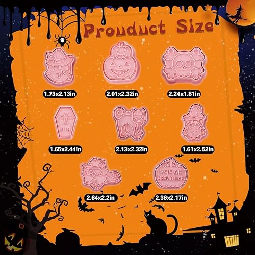 Miniatura 3 de Cortadores de galletas de Halloween, 8 sellos de galletas con linda calabaza, fantasma, gato, cráneo, búho, bruja y ataúd, impresión 3D mini para