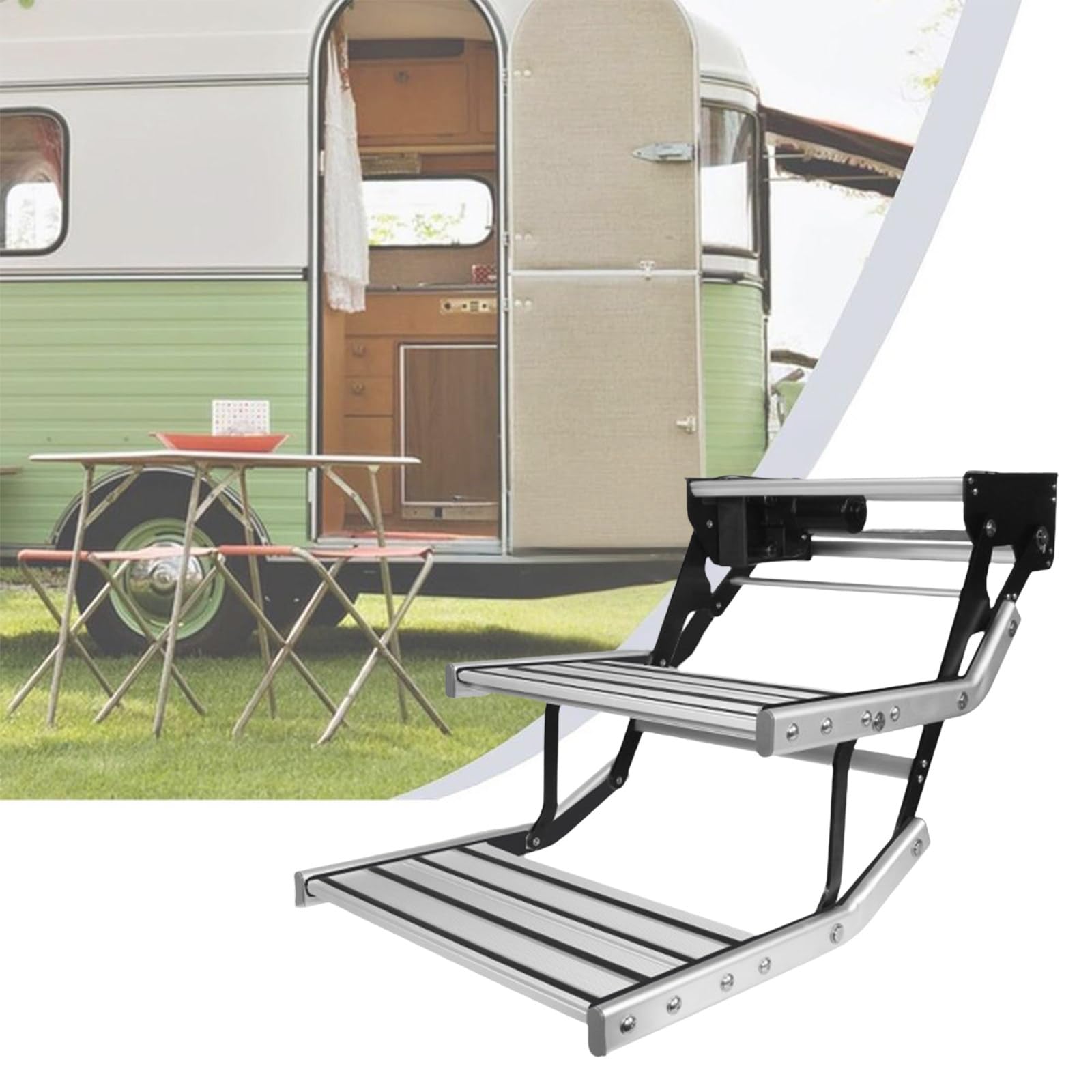WIANQIAN Manual Electric RV Step Ladder, Truck Camper Steps, Motorhome Step Ladder, Rust And Corrosion Resistant, LED Light, Strong Spring, For Rv Van Motorhome Travel Trailer Double-layerelectric
