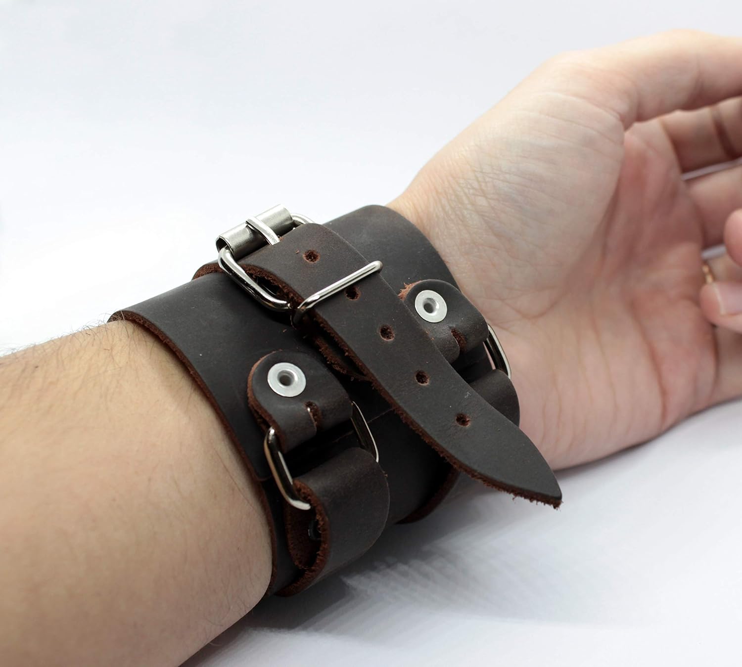 Wrist Guard adjustable wide men leather cuff bracelet with pilot roller buckle and steampunk design