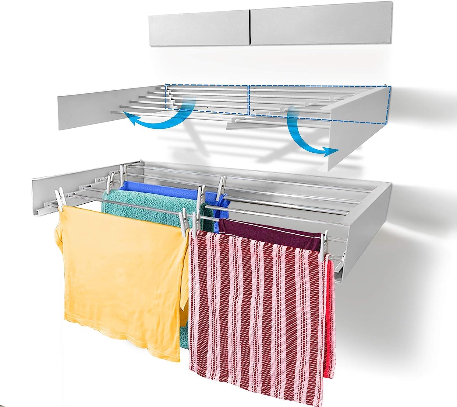 Groundlevel Energy Saving Wall Mounted Clothes Drying Airer, Sleek White Metal Design, Folds Away Neatly NO Running Costs