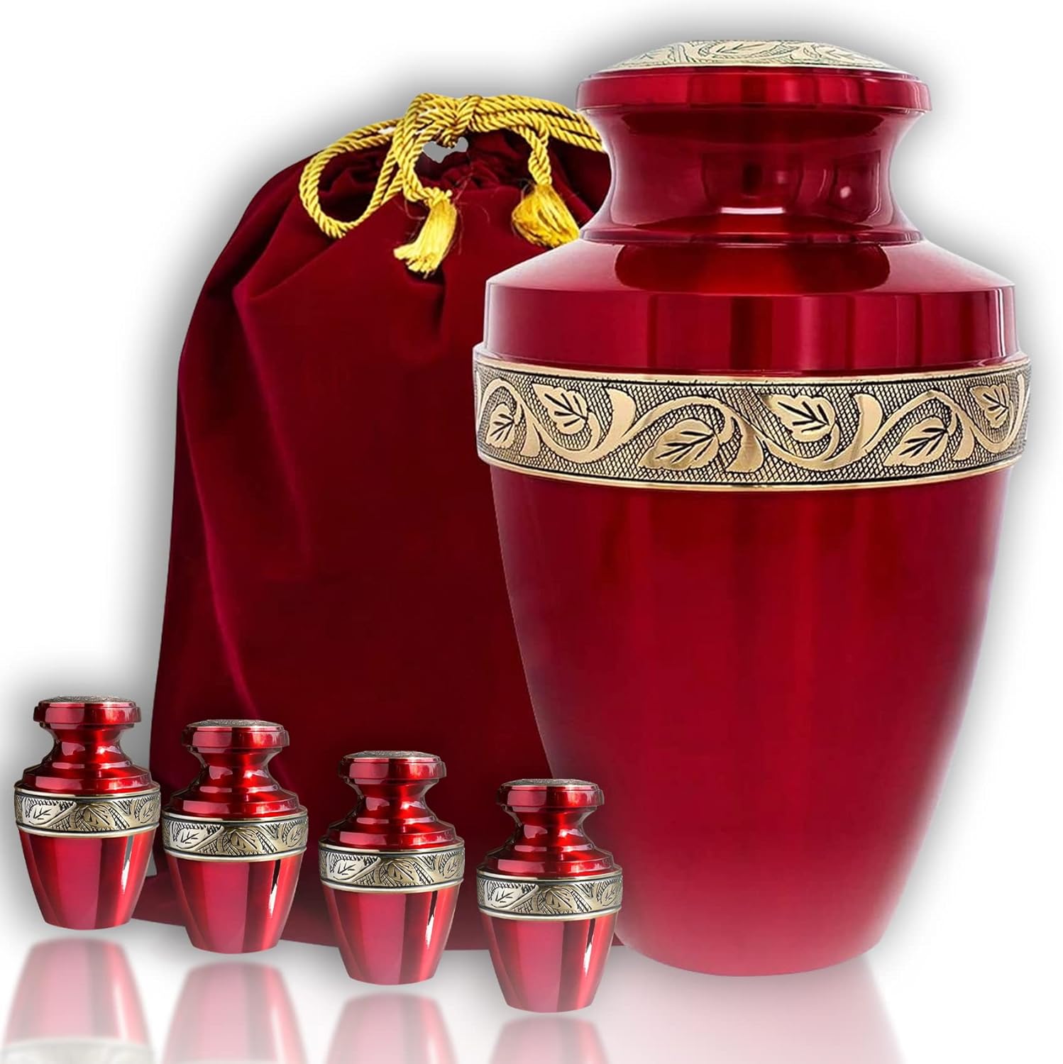 Serenity Red Beautiful Adult Cremation Urn for Human Ashes - A Beautiful Urn to Honor Your Loved One Lost - Set of 4 - with Velvet Bag