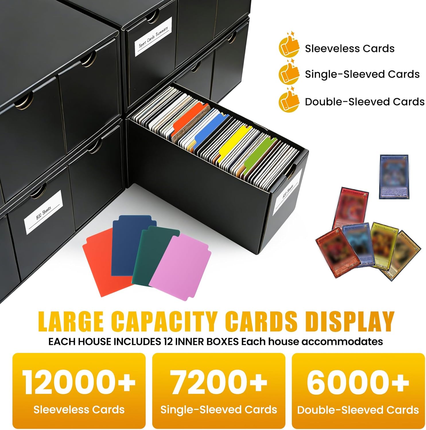 Card Storage Box, 12000+ Card Organizer, 12-600 CT Card Collection Boxes with 48 Dividers, Labels & Tapes, Fit for Collectible Card Games & Sports Cards