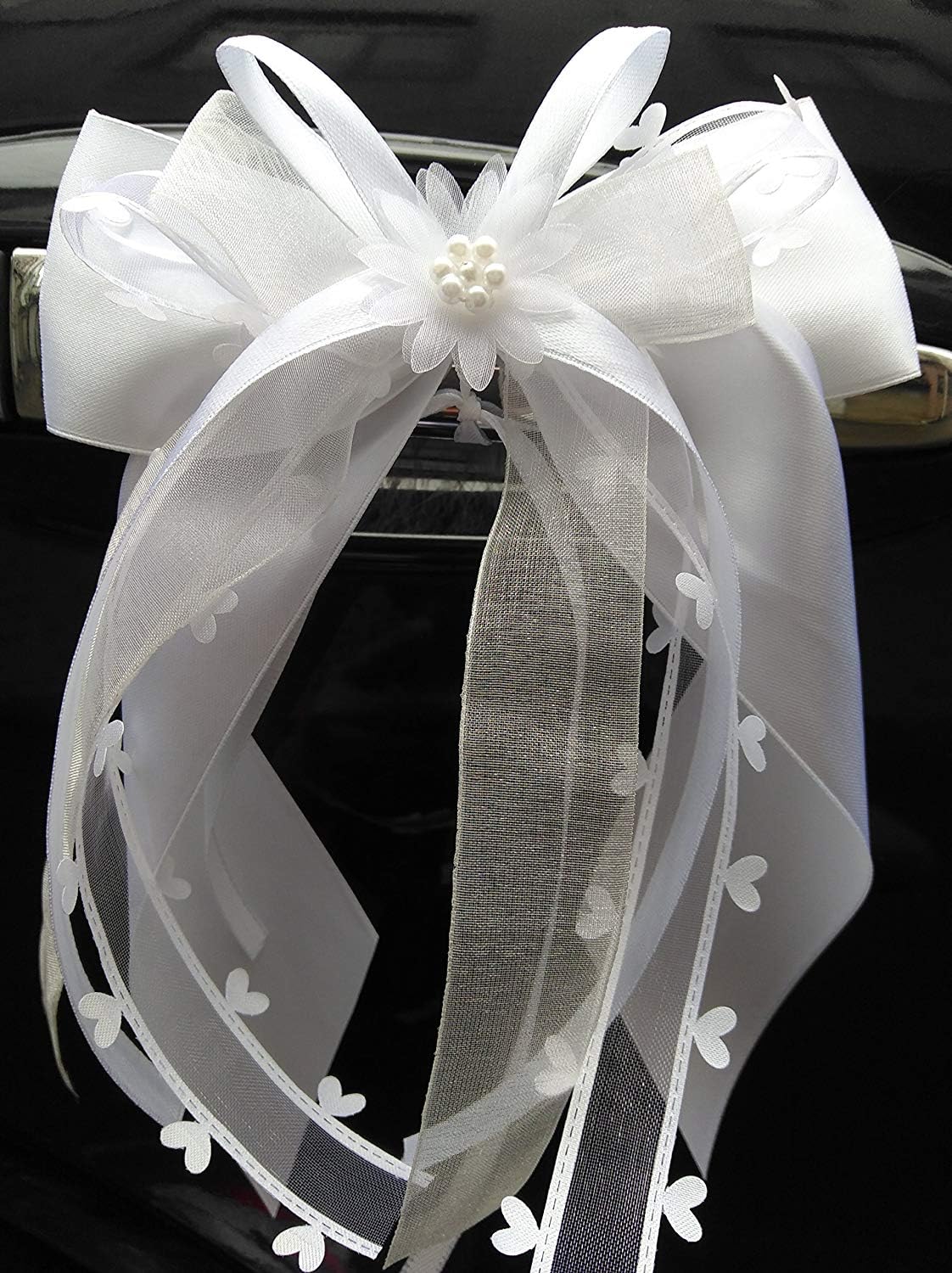 Miya 30 hochwertige Handgemacht Weiss Antenneschleifen mit Herzschleifen aus Satin, Auto Schleifen, Hochzeit Deko, Autoschmuck (5 cm Weiss)