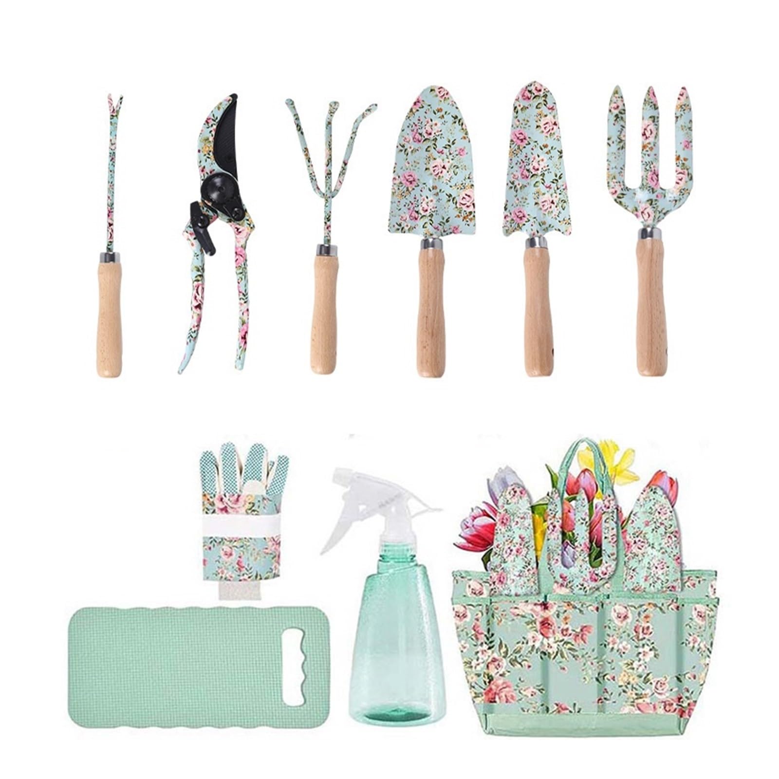 Ensemble d'outils de Jardin avec Manche en Bois imprimé, 10 pièces