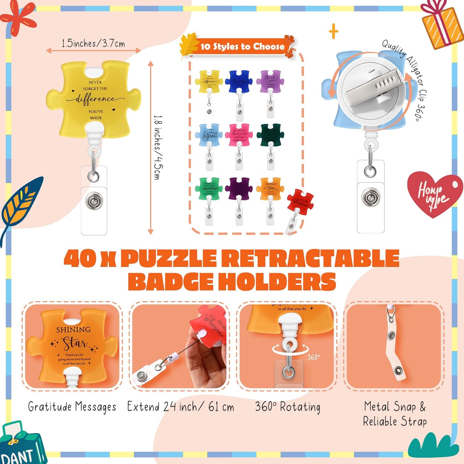 ReliThick 40 Set Employee Appreciation Gifts Bulk, Puzzle Badge Reel Set with Thank You Cards, Retractable ID Badge Holder for Nurse Teacher Staff Team Office Hospital School (Make A Difference)
