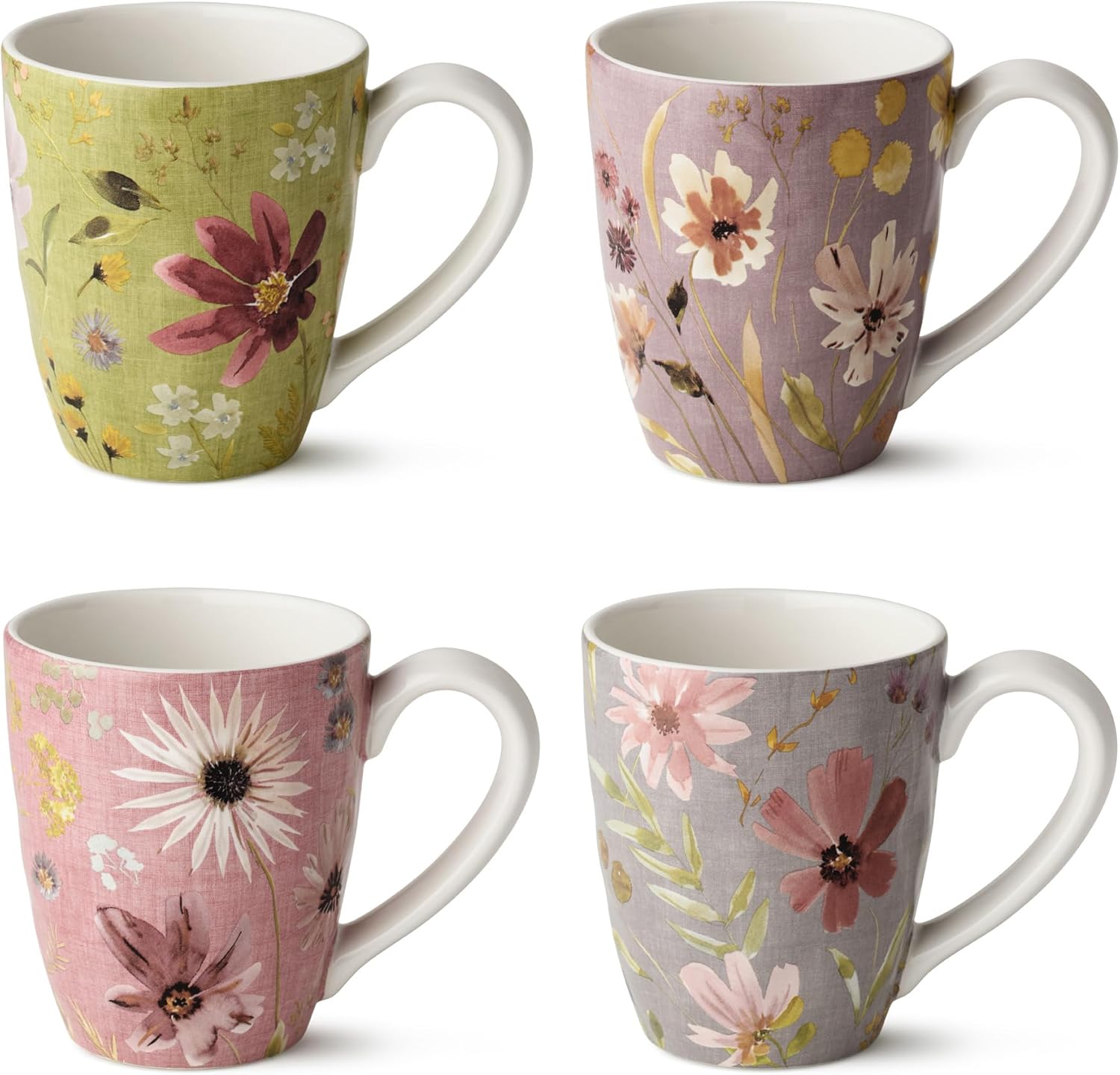 Wildflowers Ceramic 16 OZ. MUGS, SET OF 4, assorted floral watercolor mugs with soft botanical artwork, ideal for coffee, tea, cocoa, cozy kitchens, garden-inspired décor