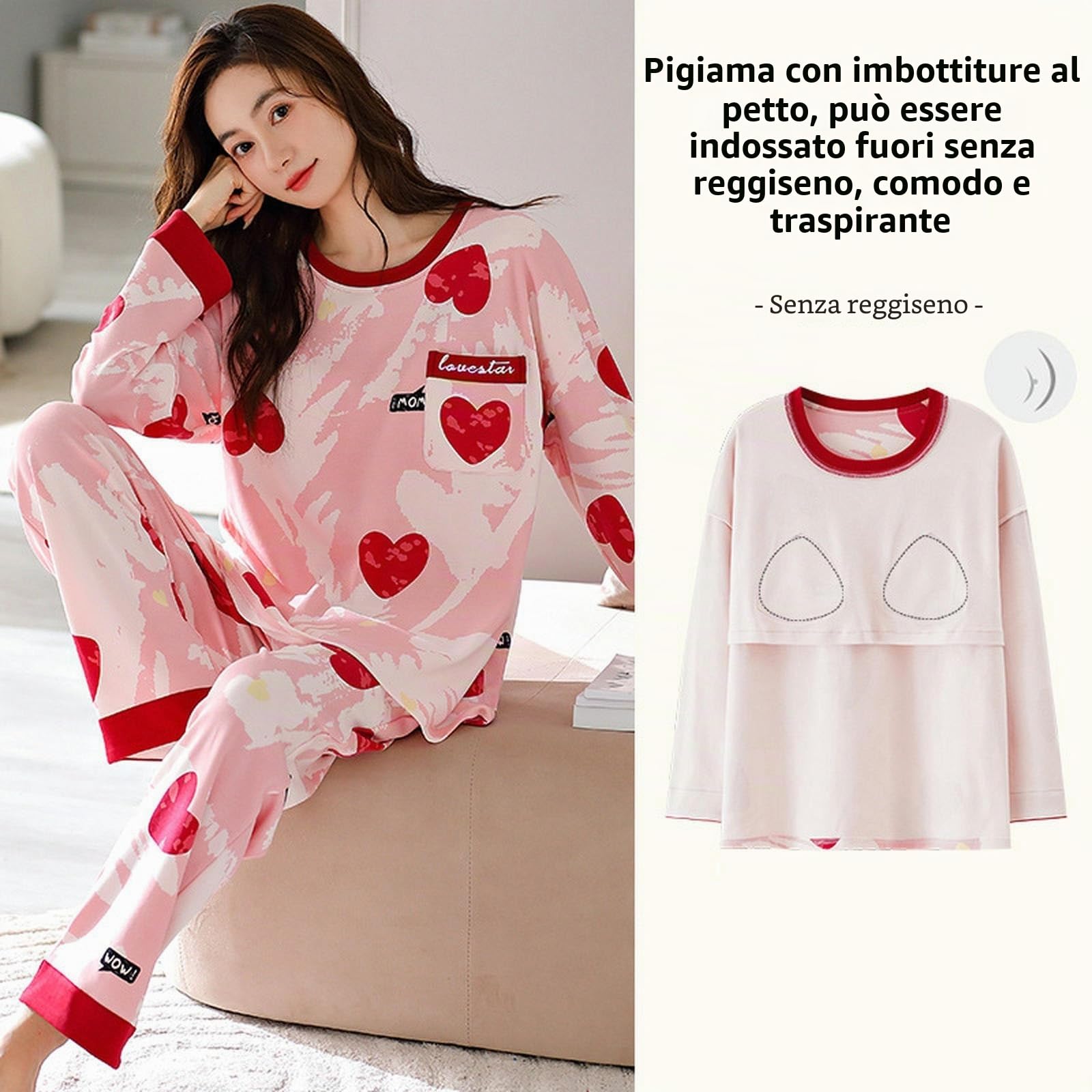 Pigiama Donna Pigiama da Donna Taglie Forti - Primavera Autunno in Cotone A Maniche Lunghe con Cuscinetti per Il Petto,Comfort E Stile-rosso-4xl