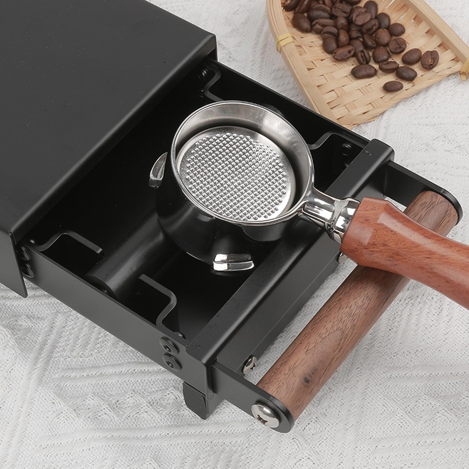 knock box aus Edelstahl mit Holzgriff, Siebträger Abklopfbehälter Schublade (Schwarz)