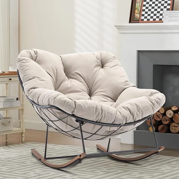 AIDEHO Outdoor Patio Rocking Chair, Oversized Papasan Chair with Cushion and Frame, Comfy Modern Rocker Egg Chair for Living Room, Garden Backyard, Beige