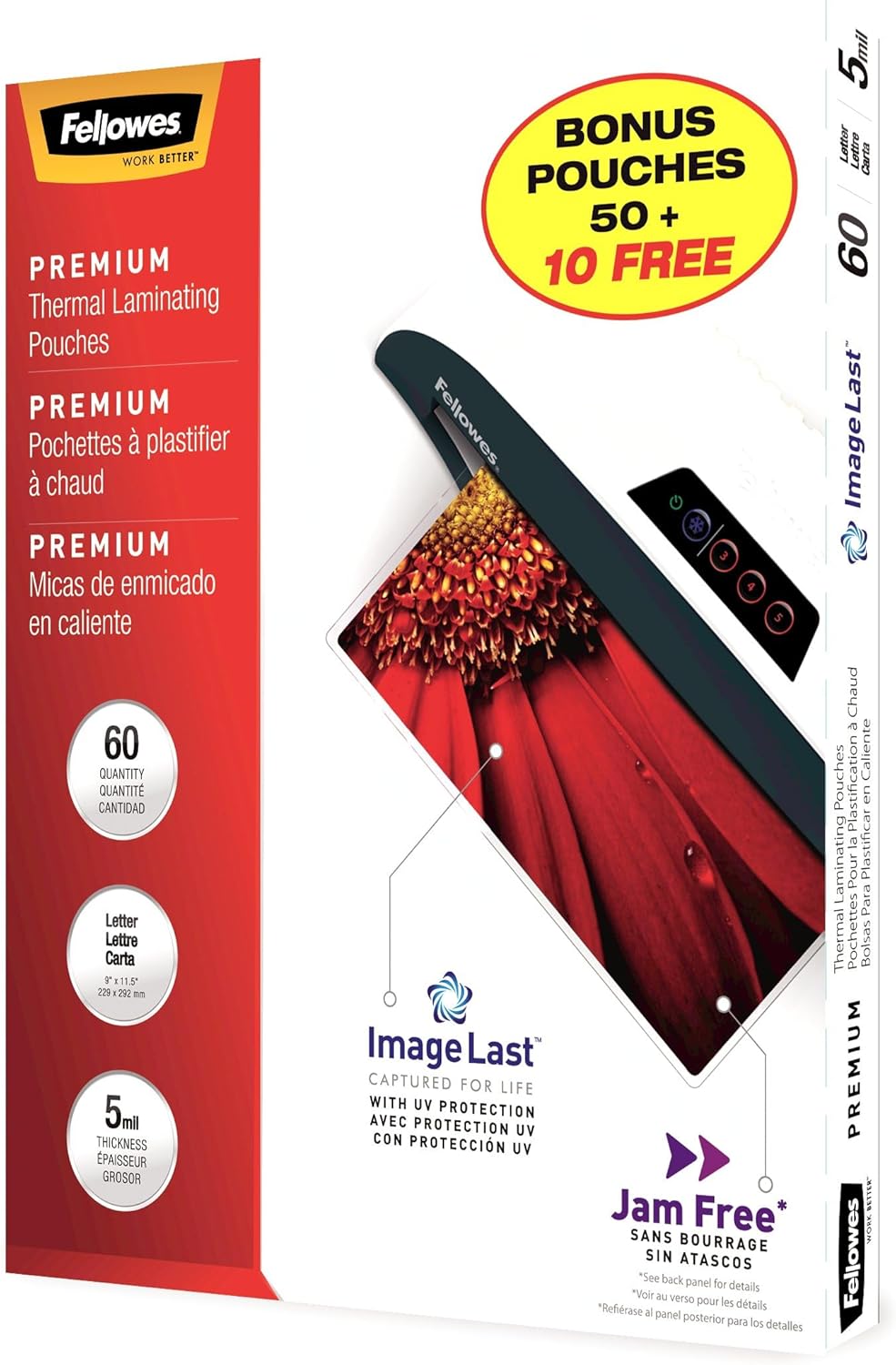 Fellowes ImageLast Premium Thermal Laminating Pouches, Letter Size, 5 Mil, 60 Pack