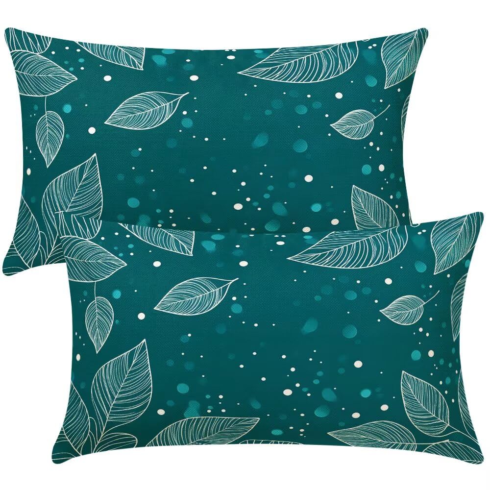 Cushion Covers 35cm x 55cm Summer Dark Green Cushion Cover 14 x 22 Inches Pack of 2 Throw Pillow Covers Leaves Sofa Cushions Polyester Linen Pillowcases for Couch Living Room Bedroom Home Decor -SC465