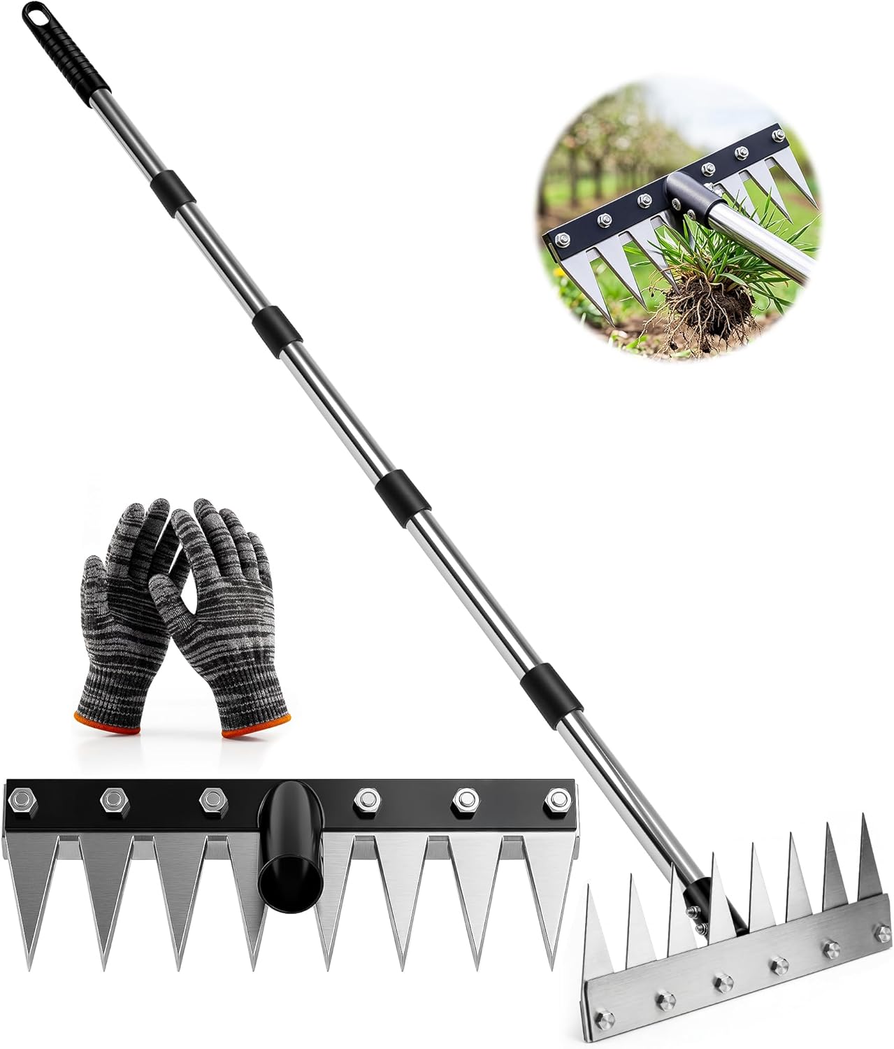 Iron Weed Rake with 71" Adjustable Long Handle, 8 Teeth Manual Weed Remover Tool Heavy Duty Garden Weed Puller with Gloves for Yard, Lawn, Garden