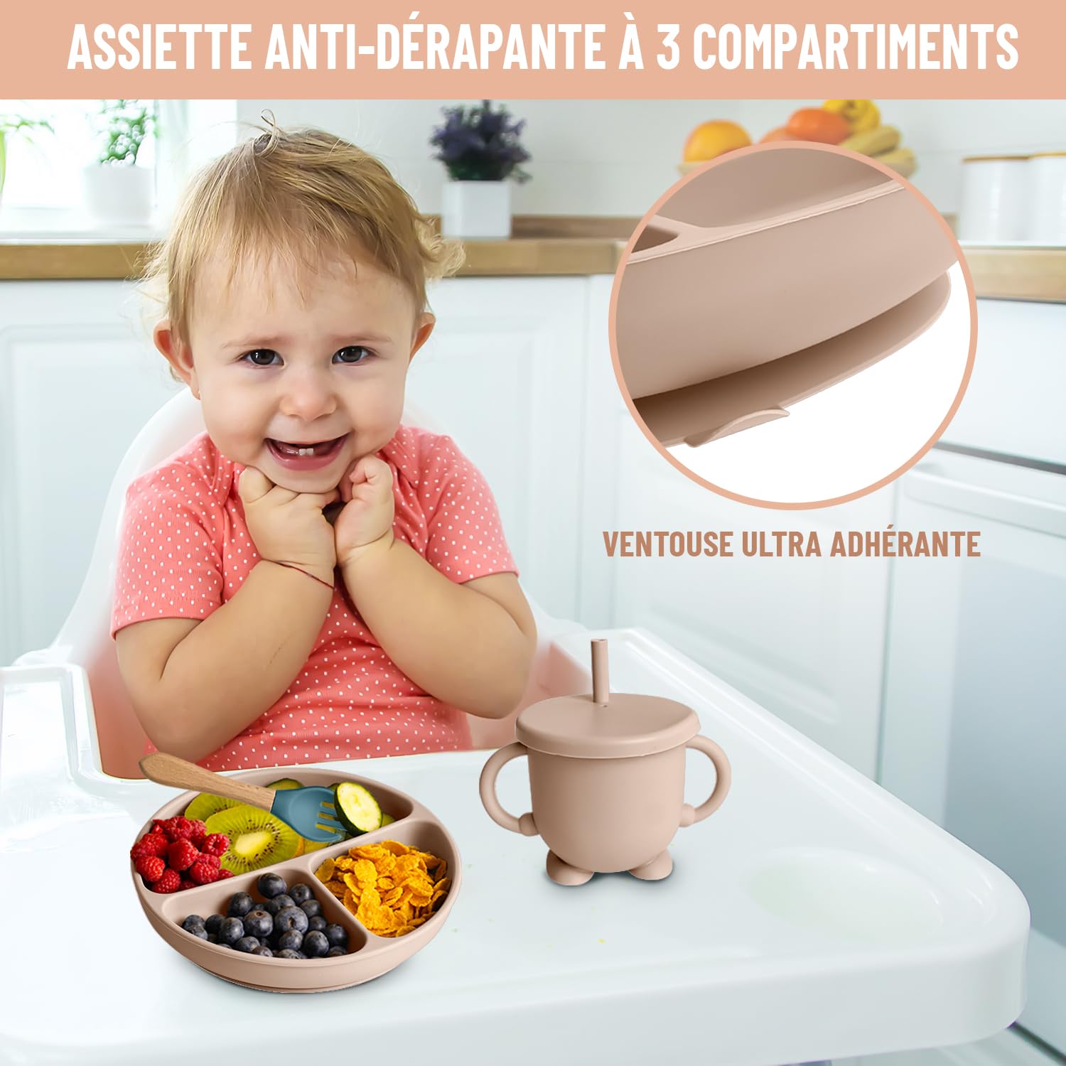 Kit Vaisselle Bébé 7 Pièces Avec Ventouse Antidérapante - Silicone Beige - Neuf Sans Marque