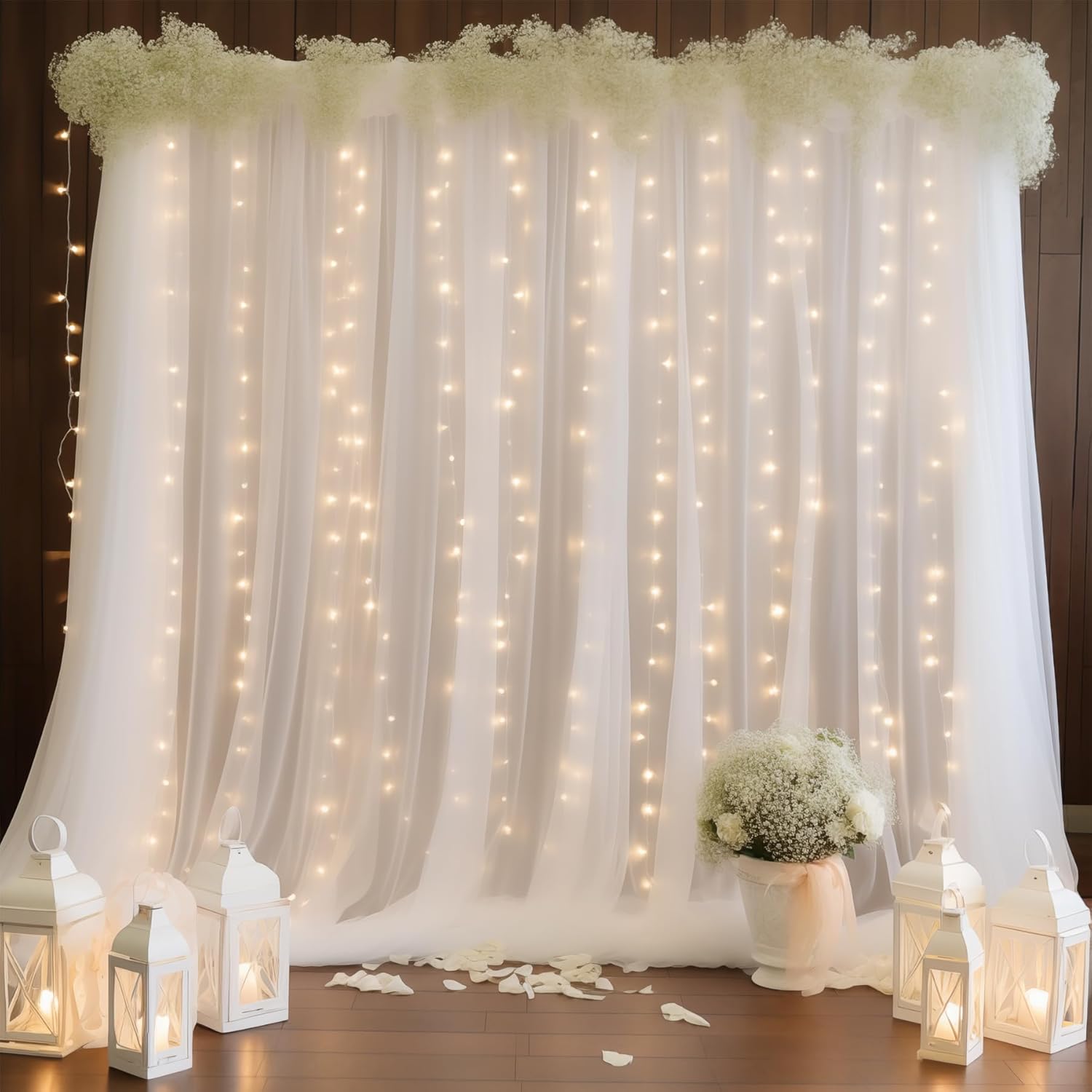 10ft x 8ft White Backdrop Curtains with Lights String for Parties, Sheer Tulle Wedding Photo Backdrops Drapes for Baby Shower Birthday Party Decorations Background for Photography