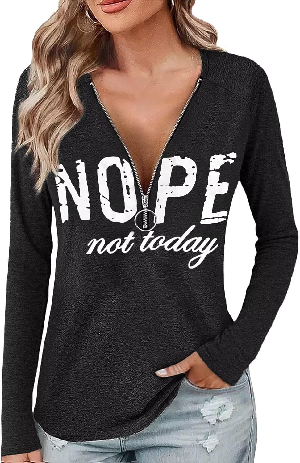 Flamingals Letter Print Zipper Tops for Women Ring Half Zip Deep V Neck Long Sleeve Low Cut Cinched Waist Tops Going Out