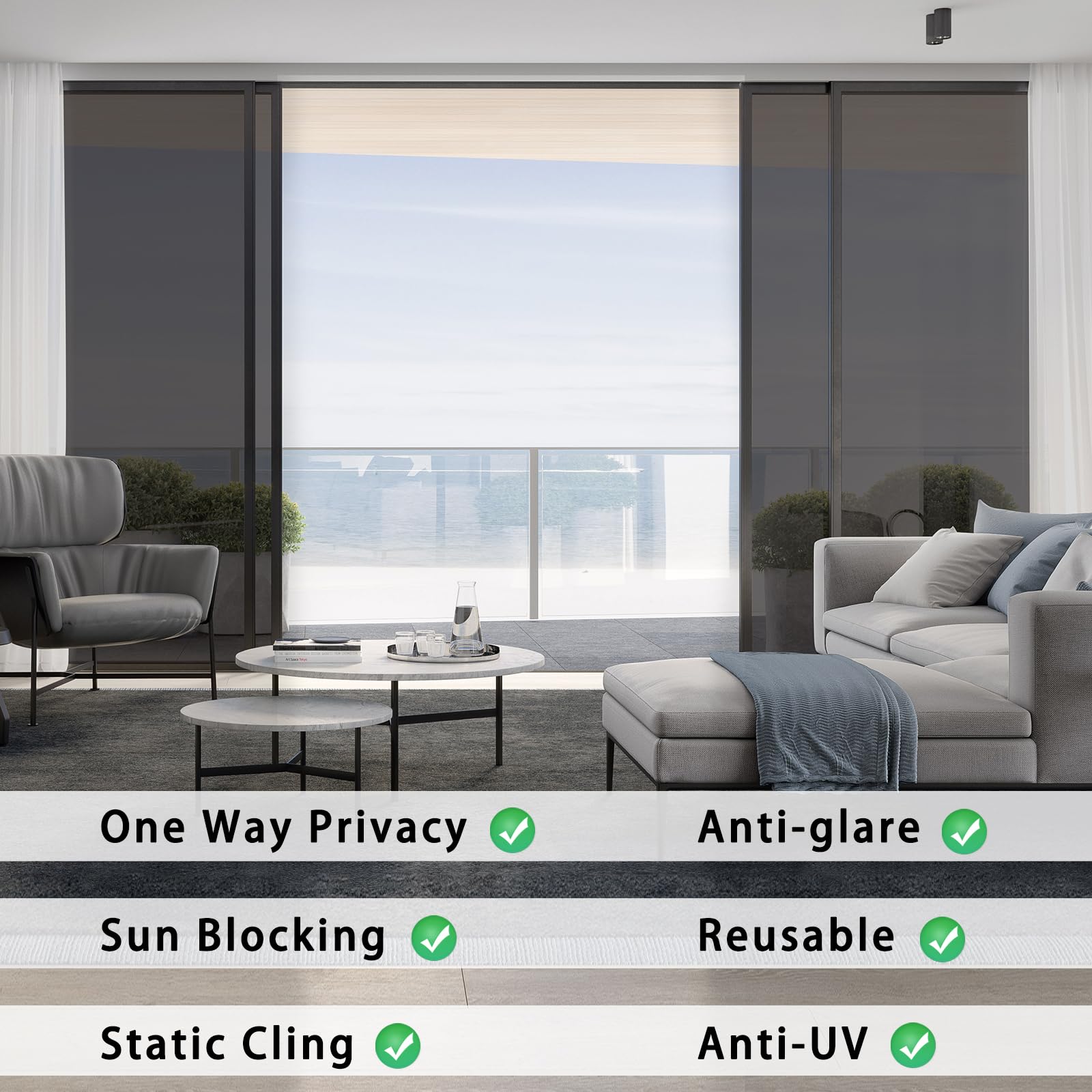 ConCus-T One Way Window Film UV Sun Blocker Heat Control Window Tint Privacy Reflective Static Cling Mirror Film Solar Film With Kit for Home Office Black - Image 2