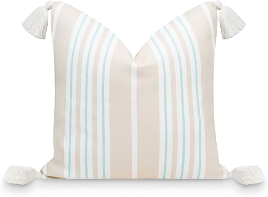 Hofdeco Premium Fall Coastal Patio Indoor Outdoor Pillow Cover Only, 18"x18" Water Repellent for Backyard, Couch, Muted Aqua Neutral Tan Stripe Tassel
