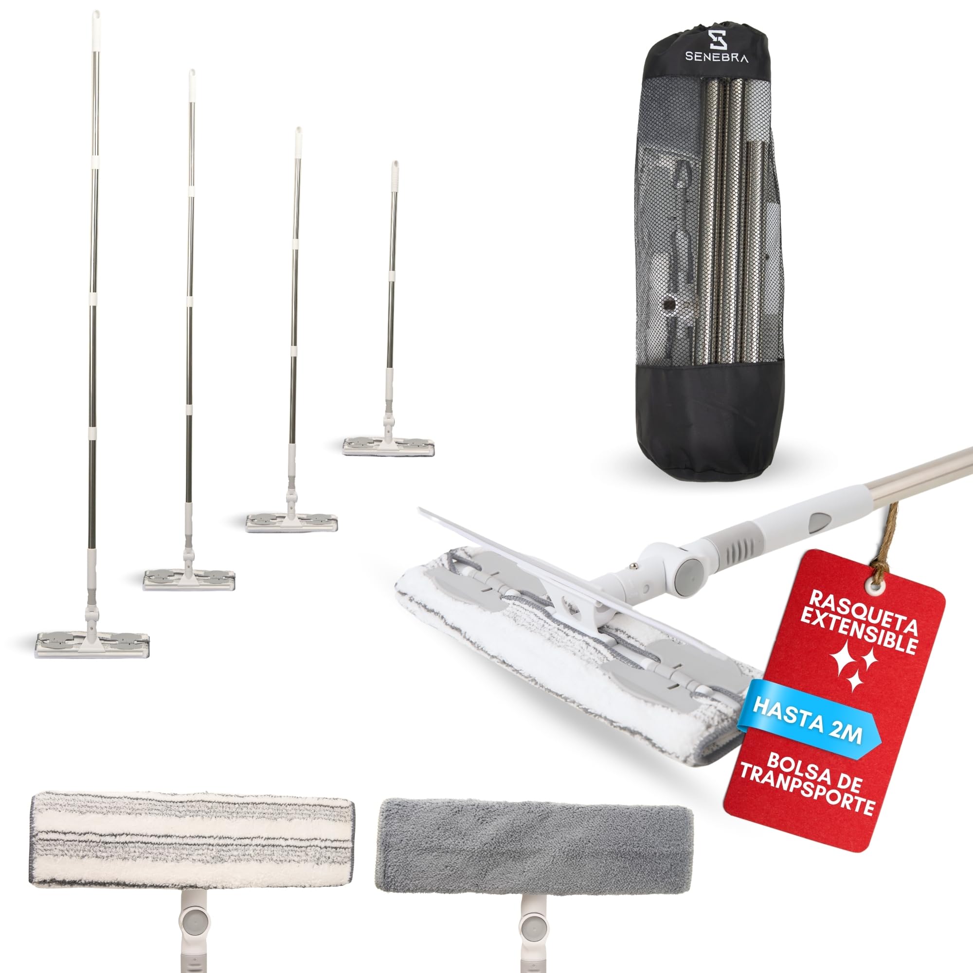 Kit Limpia Cristales Profesional con Palo Largo Extensible 2 en 1 (208 cm) | Rasqueta Limpiacristales Articulada para Ventanas | Cabezal Desmontable para Limpiar Ducha