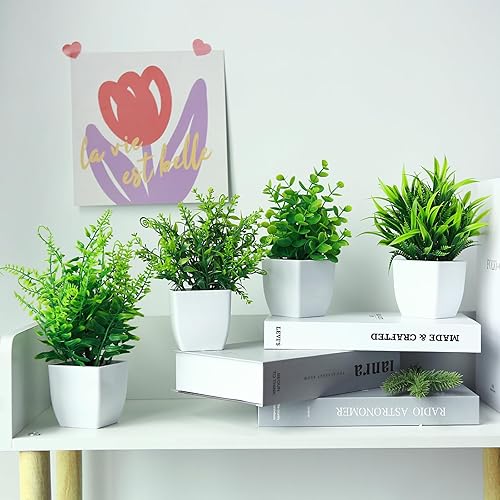 Miniatura 4 de GREENTIME 4 plantas falsas en maceta, pequeñas plantas artificiales de interior en maceta blanca vegetación para el hogar, oficina, dormitorio,