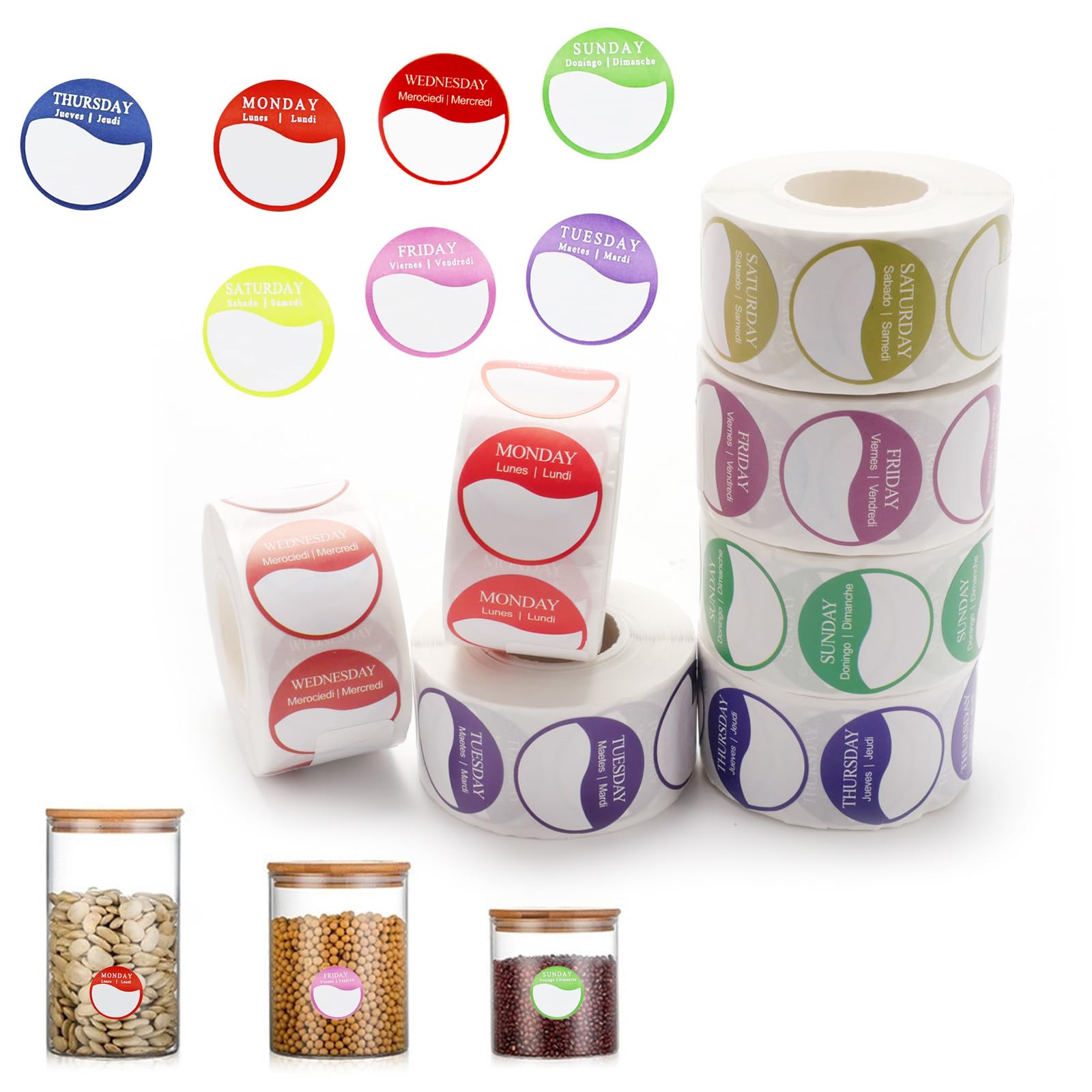Days of The Week Stickers, BERRYLION 7 Rolls 3500 PCS Food Labels Stickers, Circular Full Week Day Dots Food Labels, Day Dots Food Labels, 7 Days Stickers for Kitchen Catering Outlets (Style B-2.5cm)