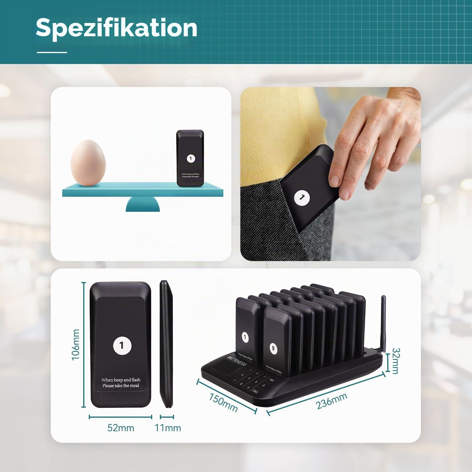 Retekess TD157 Pager System, 16 Pagers, Pager Rufsystem Gastro, Draußen 500M, 300mAh Akku, mit Vibration, 998 Kanäle, Aufrufsystem für Restaurants, Bar, Imbisswagen