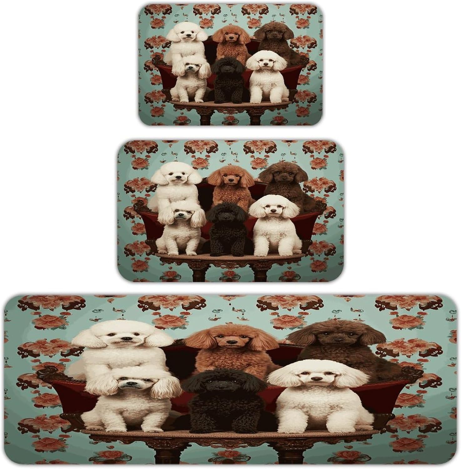 Poodles Dogs Kitchen Rugs Set of 3 Non Slip Washable Kitchen Mats for Floor Soft Area Rug Kitchen Floor Mat Cushioned Anti Fatigue Mats Standing Sink Mat Decor Runner Rugs