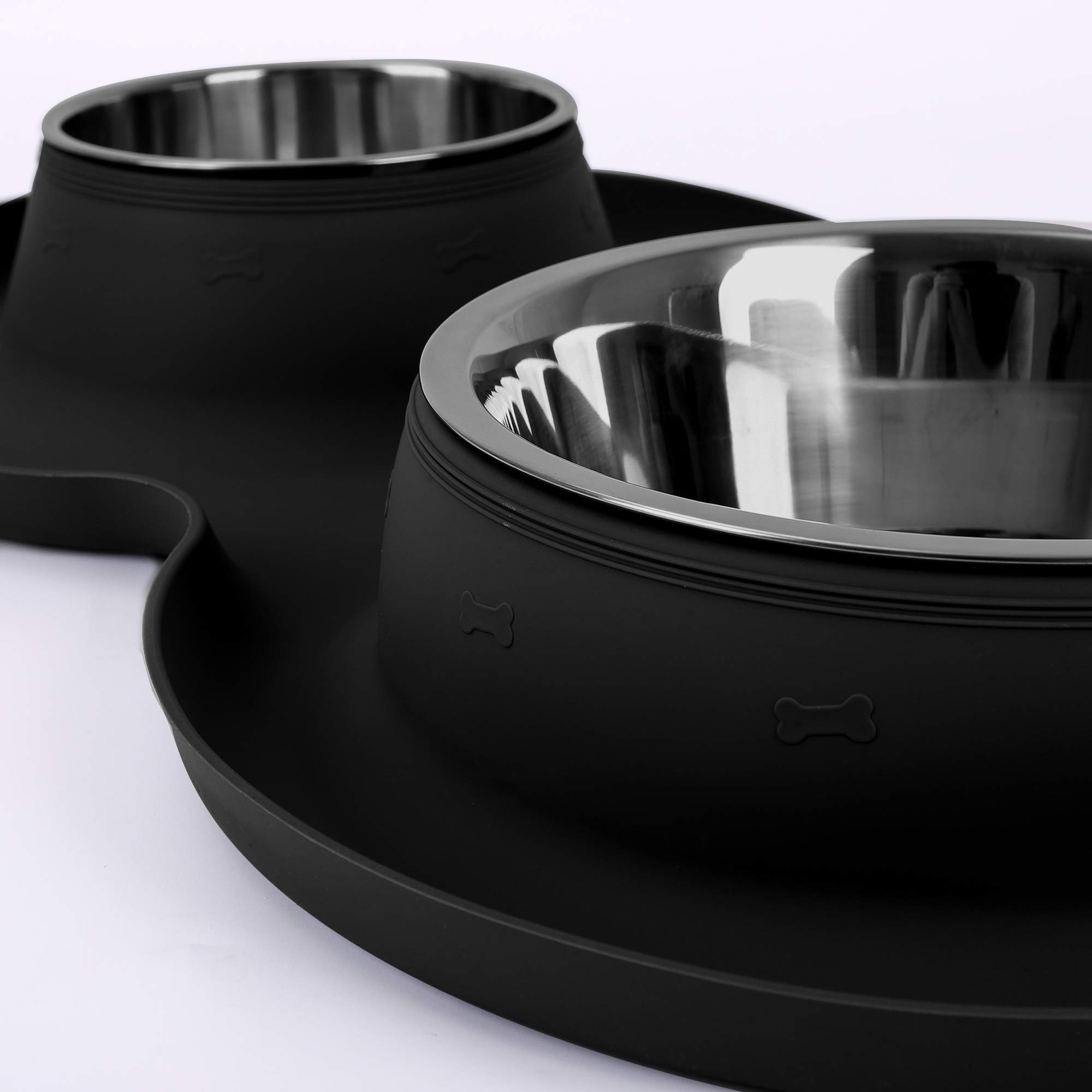 Cuencos para perros 100 % impermeables sin BPA, 2 de acero inoxidable (53 onzas + 27 onzas) con alfombrilla de silicona de borde elevado de 1.35 pulgadas + cuencos de agua y comida para perros