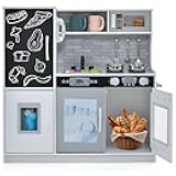 Kids Kitchen Playset, Wooden Pretend Cooking Toy Set w/Realistic Sound, Large Blackboard, Telephone, Microwave, Ice Maker, Dishwasher, Oven, Storage Space, Play Kitchen for Kids Ages 3+ (Grey)