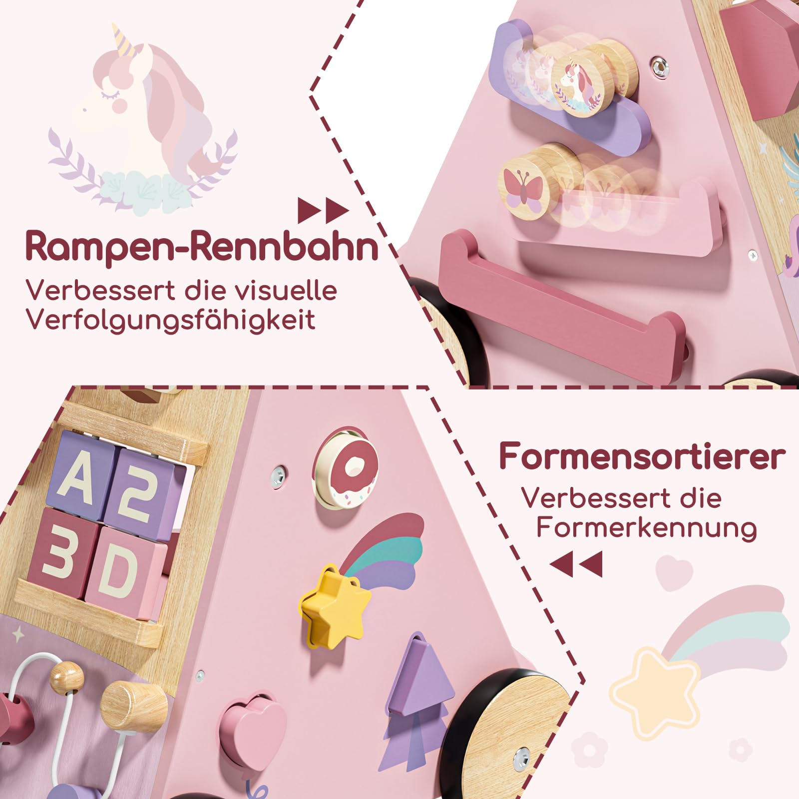 Lehoo Castle Lauflernwagen Holz mit Bremse, Einhorn Laufwagen ab 1 Jahr | Einstellbare Bremse, 10-in-1 Activity Center, Einfache Montage, Rosa Einhorn-Design, Geschenk 1 Jahr Mädchen