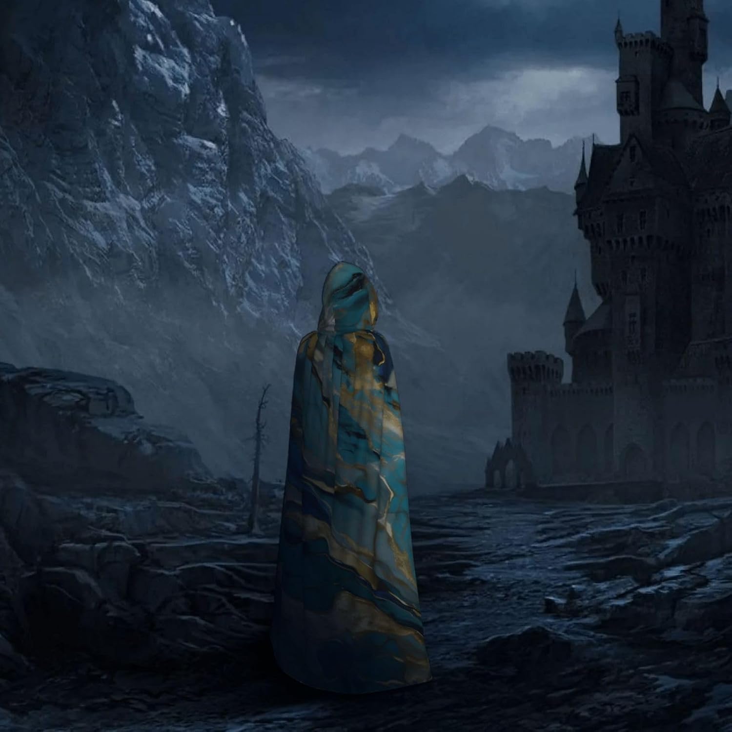 Azurite Teal and Foil Gold Oil Marble Pattern print Halloween Hooded Robe Cloak for Adult Men Women Wizard Vampire Knight Fancy Cape Costume