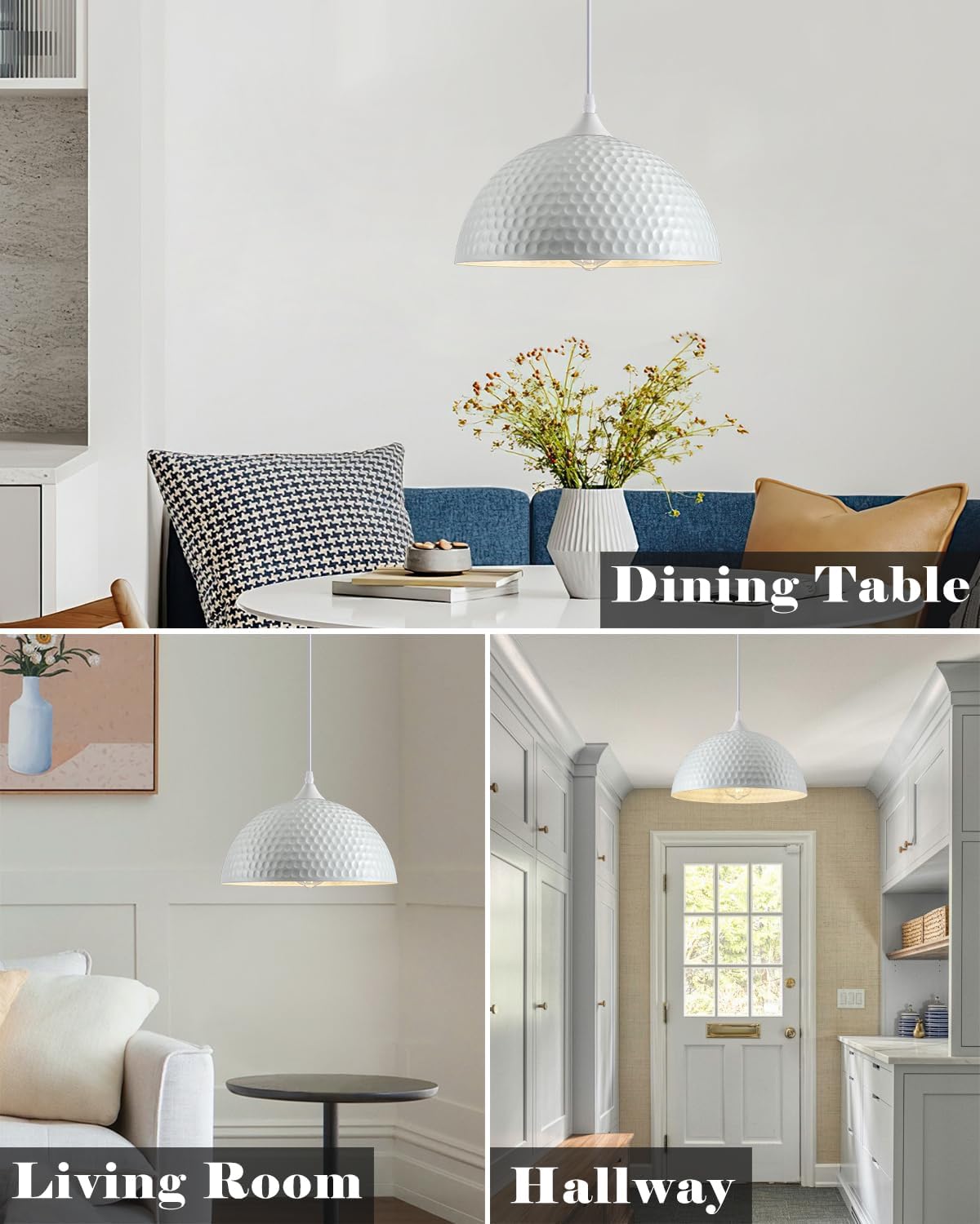 White Pendant Lights Kitchen Island 3 Pack, 12 Inch Hammered Dome Pendant Light, Farmhouse Kitchen Pendant Lights, Industrial Hammered Pendant Light for Kitchen, Dining Room, Barn
