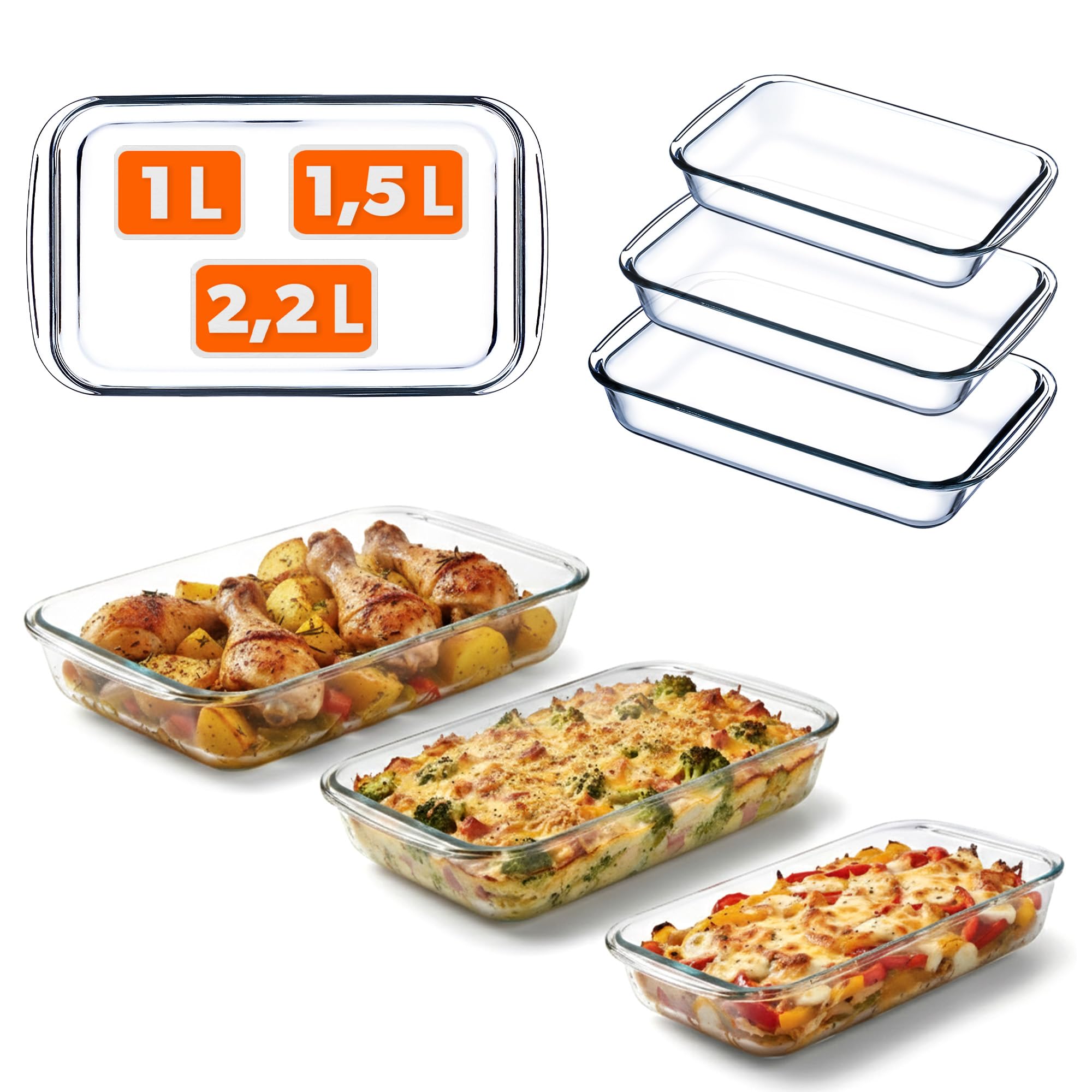 KADAX Auflaufform Set aus hitzebeständigem Glas, 3-teilig (1L, 1.5L, 2.2L), Ofenfeste Glasformen zum Backen, Kochen und Servieren, Spülmaschinen- & Mikrowellengeeignet