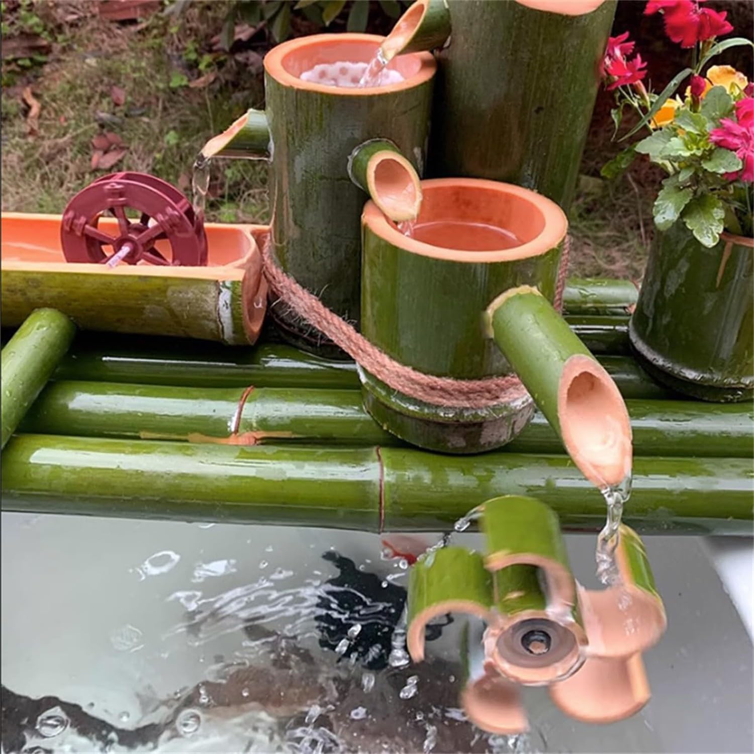 Fontana Da Giardino Zen In Bambù - 2 Pezzi, Con Pompa Manuale, Per Terrazzo, Esterno, Acquario